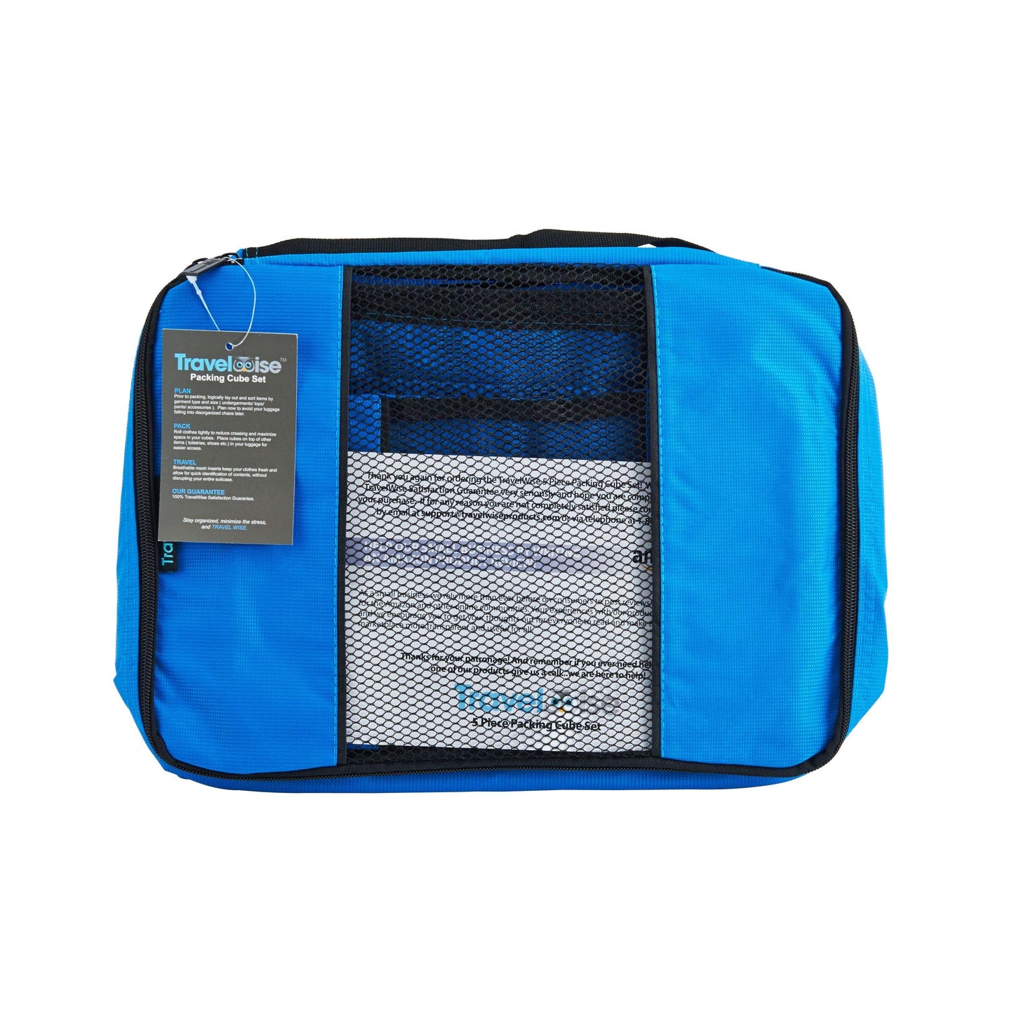 TravelWise 5 Piece Packing Cubes Set, Lightweight Luggage Organizer with Mesh Panels and 2 Way Zippers, Includes Small, Medium and Large Cubes for Travel, Blue