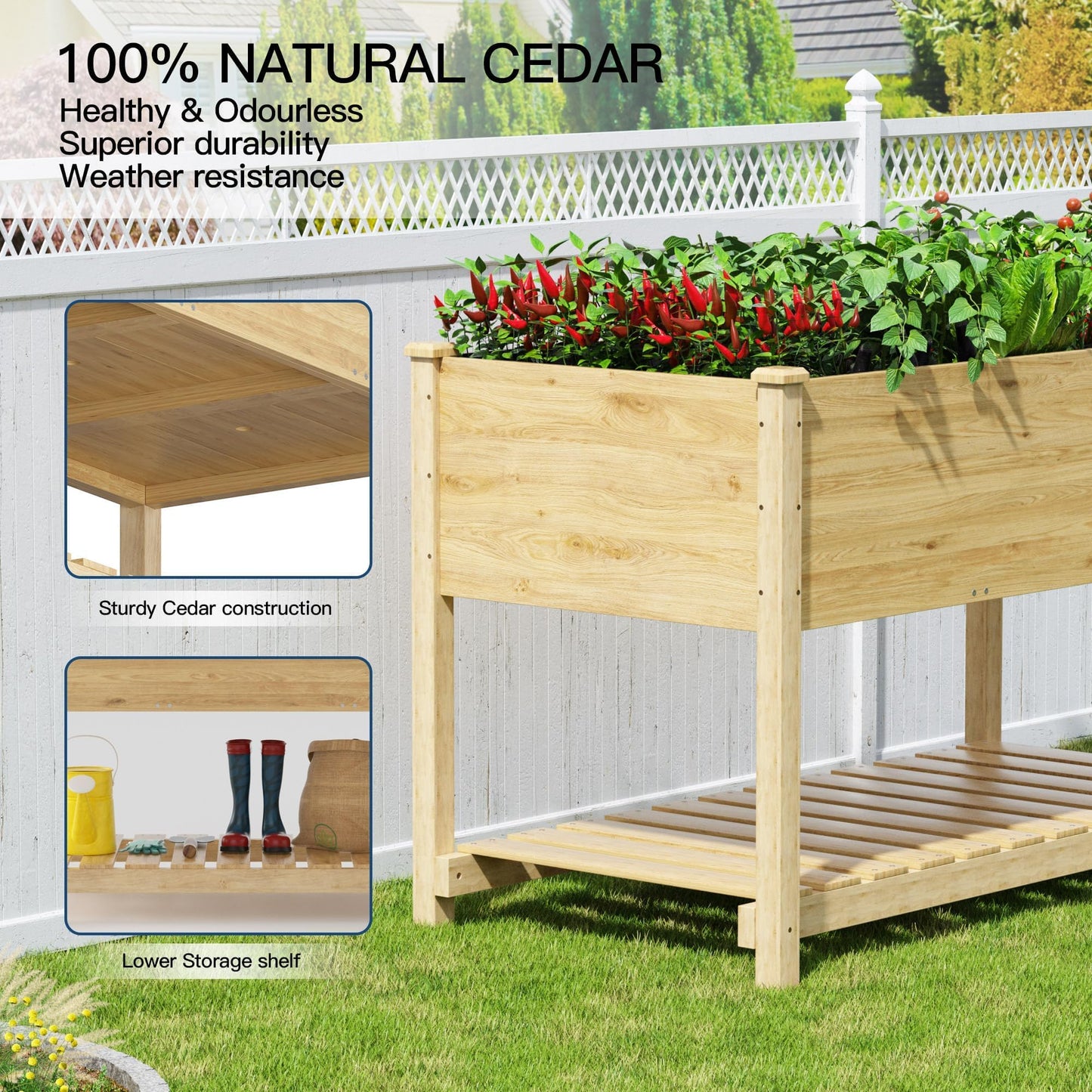 Kullavik Raised Garden Bed with Legs,Outdoor Elevated Cedar Wood Planter Box with Storage Shelf,220lb Capacity-Natural