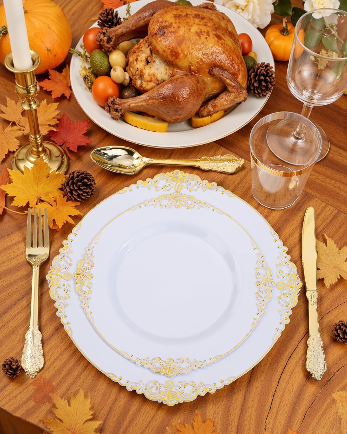 Nervure 175PCS White and Gold Plastic Plates - Disposable Dinnerware Set Include 50 Gold Plates for Dinner and Dessert, 75 Cutlery, 25Cups 25Napkins for Wedding & Party & Thanksgiving