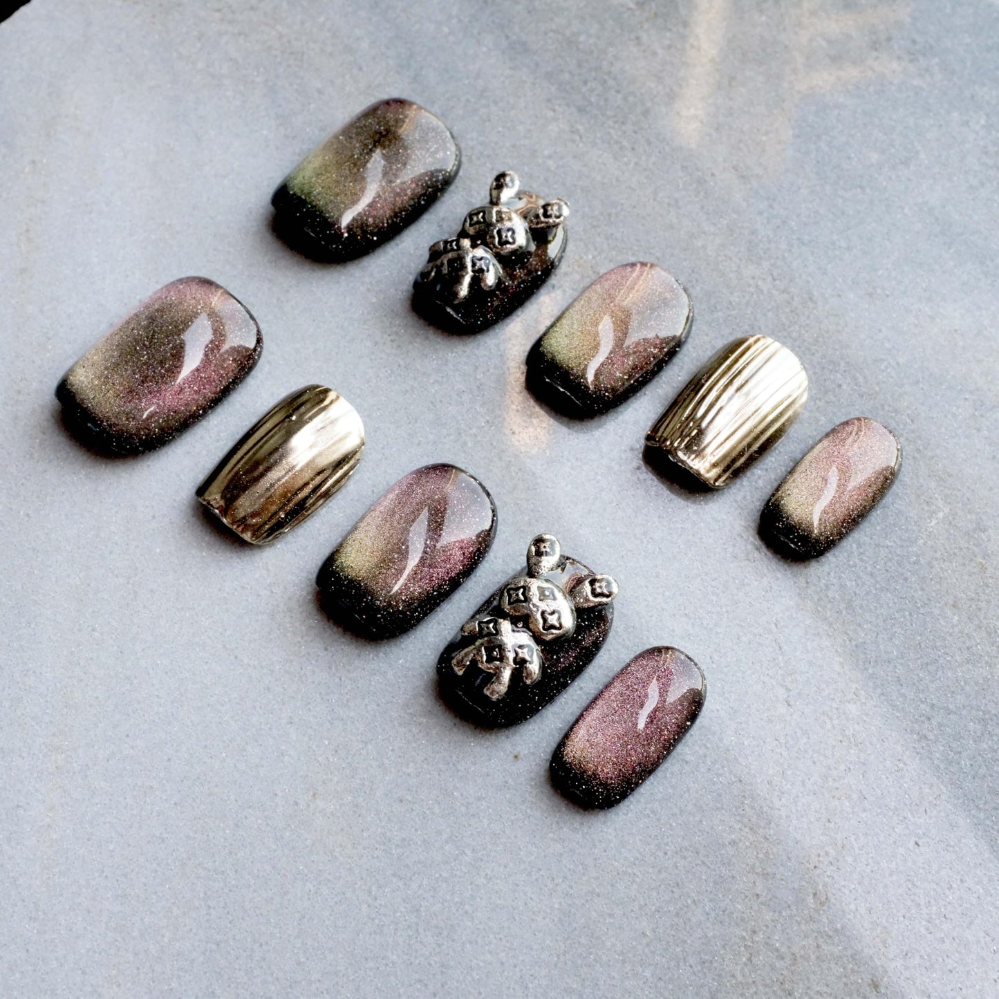 [GLORS] Purely Handmade Press On Nails | Purple Gold Bunny Cat-Eye Fake False Nail | Salon Quality Cute & Cool Short Nails in Square shape, 10 pieces (XS, SS)
