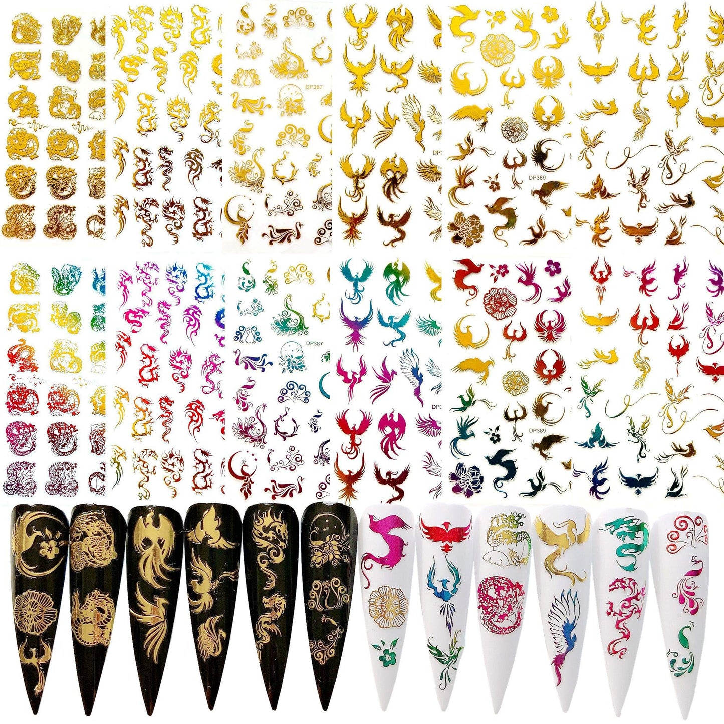 NAIL ANGEL 12Sheets Nail Art Adhesive Sticker Sheets Gold and Rainbow Color Dragon Peacock Phoenix Shapes Nail Art Decoration 10257