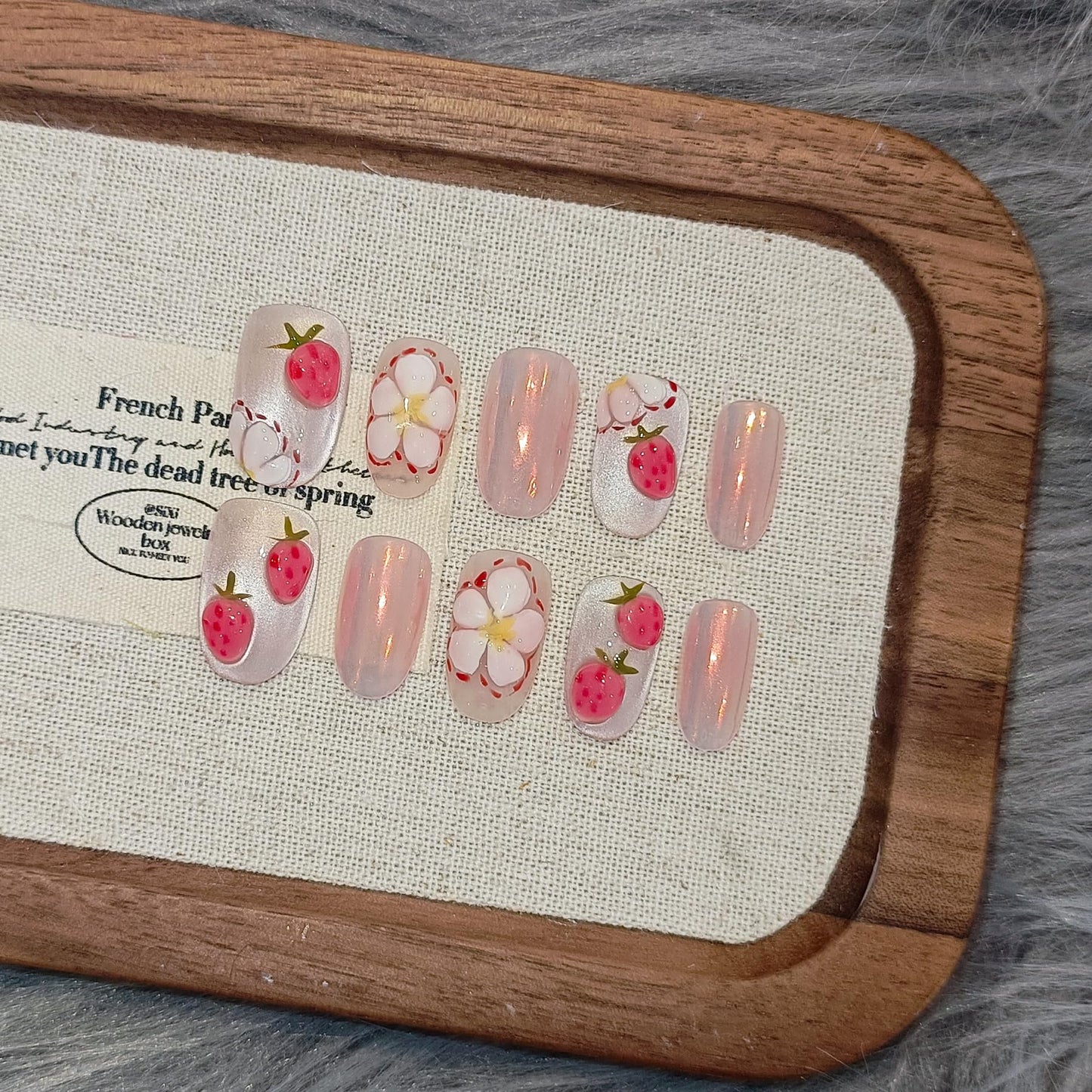 TENPAL Press on Nails 10Pcs with Tools Kit,3D Strawberry Spring Summer Pink Aurora Fake Nails,Cute Floral Almond Short Nails,Full Cover False Nails Simple Blush Glue on Nails Sweet Summer Nails(M)