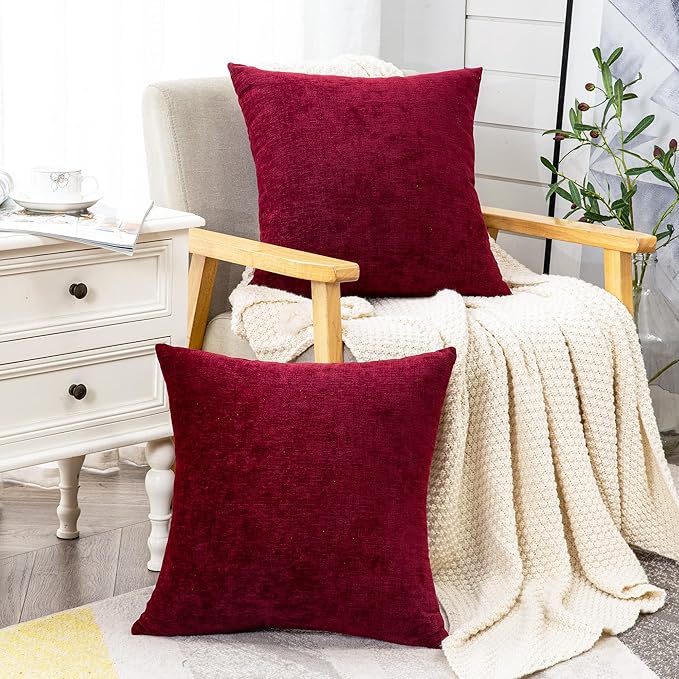 GAWAMAY Decorative Chenille Throw Pillow Covers 24x24 Inch Pack of 2, Soft Square Couch Pillow Cover for Sofa Cushion Living Room Bedroom Pillowcases Burgundy Red 60x60cm (ONLY Covers)