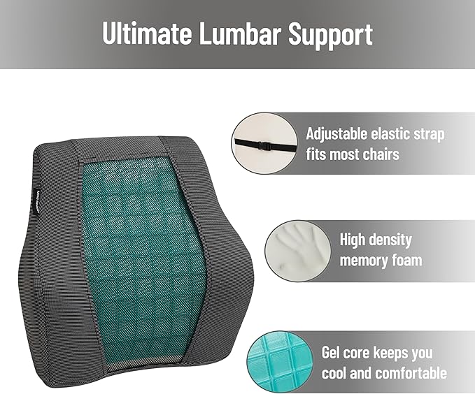 Mind Reader Lumbar Support Cushion for Office Chair and Car Seat, Memory Foam and Cooling Gel Core, Air-Cloud Technology, Back Pain Relief, Improves Posture, 15.5" L x 3.75" W x 14" H, Black