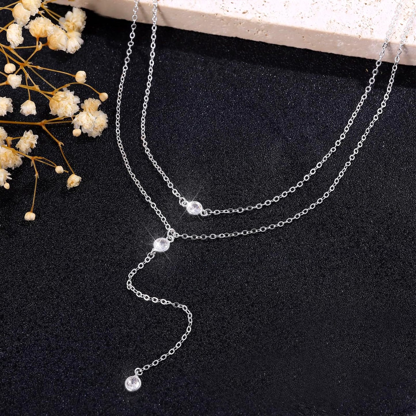 Zeffy Long Silver Necklace for Women Dainty Silver Plated Lariat CZ Teardrop Drop Layered Necklace Trendy Simple Silver Jewelry for Women
