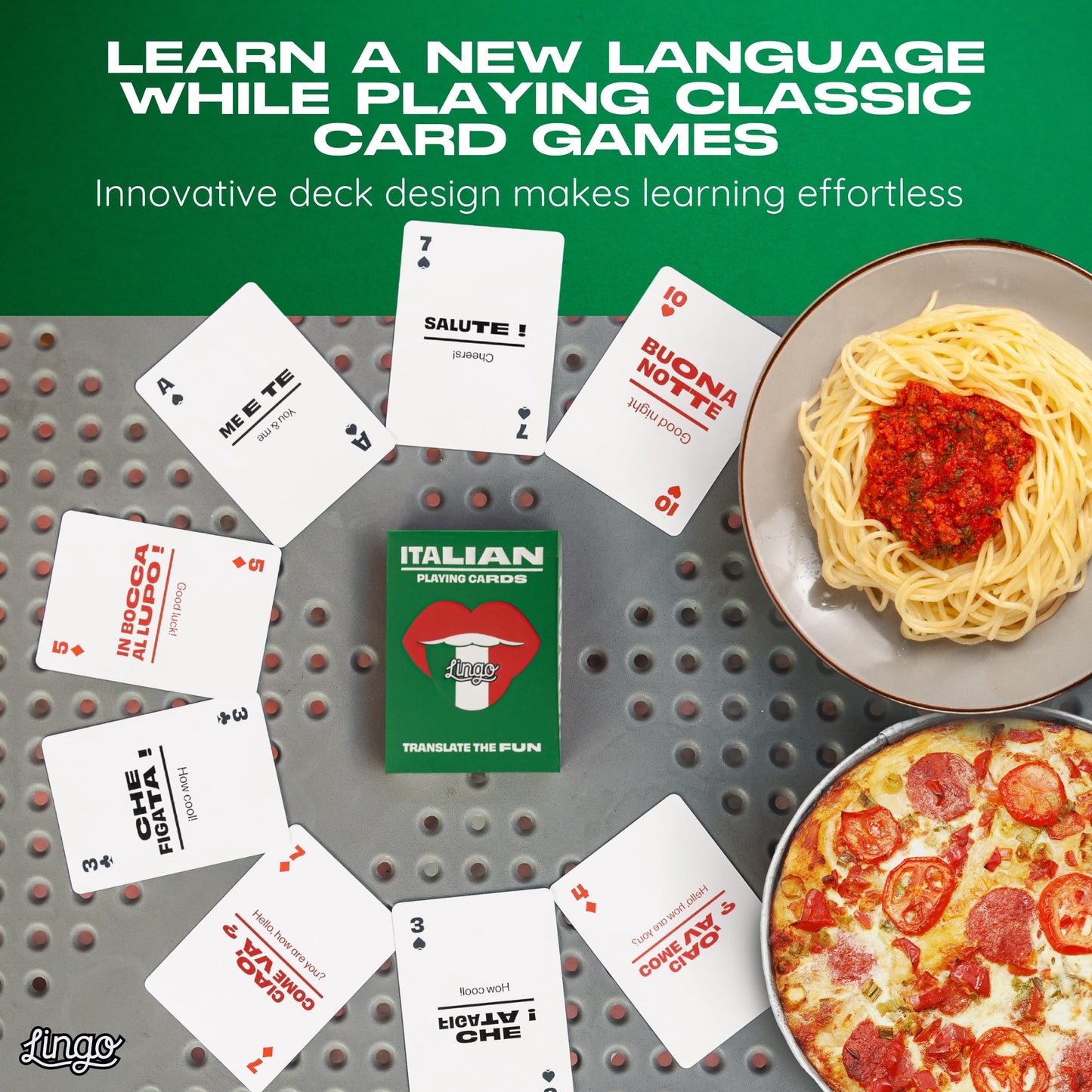 Italian Lingo Playing Cards in Wayfarer Tin Box | Travel Flashcards | Learn Italian Vocabulary in A Fun & Easy Way | 52 Essential Translations