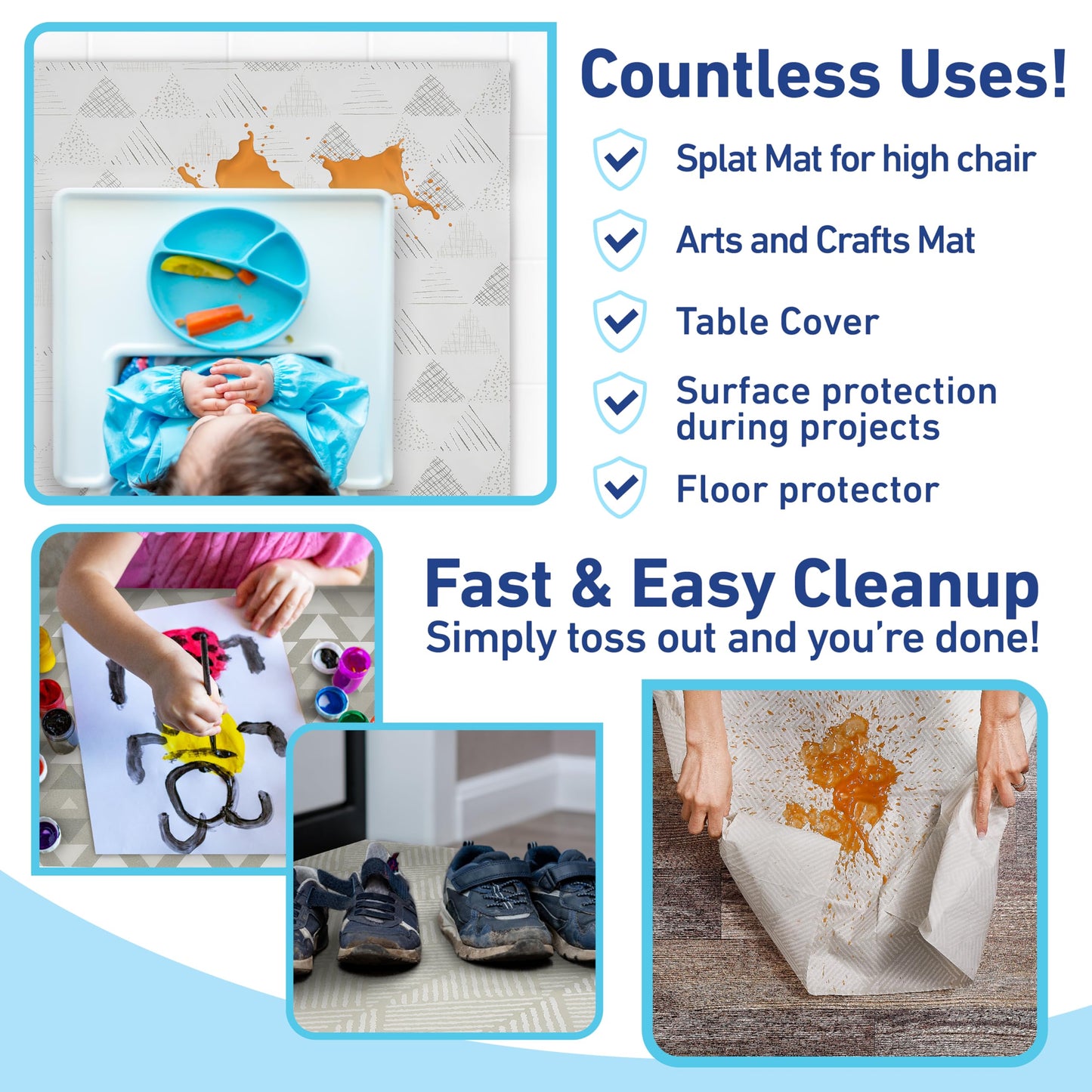 Graco Baby Disposable Splat Mats, 30 Sheets with Assorted Designs, 47" x 40", Eco-Friendly Floor Protector for Mealtime, Home & Restaurant Use
