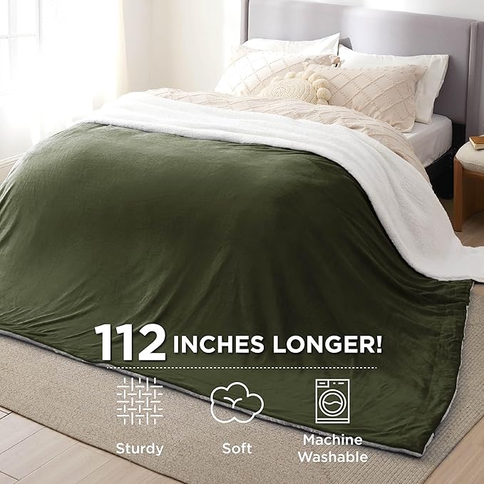 Bedsure Sherpa Fleece Oversized Cal King Blankets for Bed - Thick and Warm, Soft Fuzzy Plush Large Blanket for Winter, Olive Green, 112x98 Inches