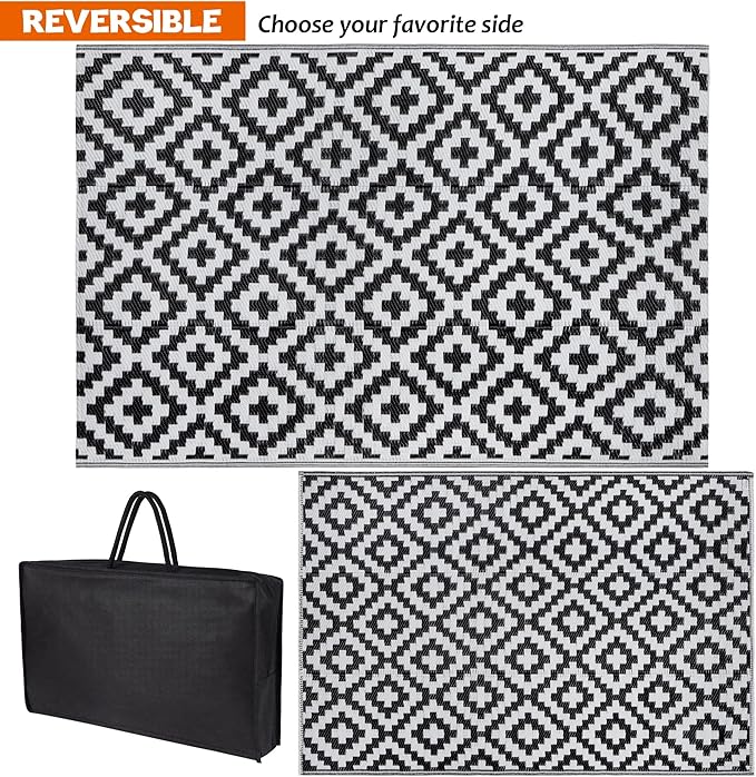 SAND MINE Waterproof Outdoor Rug 4x6 ft, Plastic Reversible Rug, Modern Area Rug, Large Floor Mat for Outdoors, RV, Patio, Backyard, Deck, Picnic, Beach, Camping (4' x 6', Black & White Lattice)