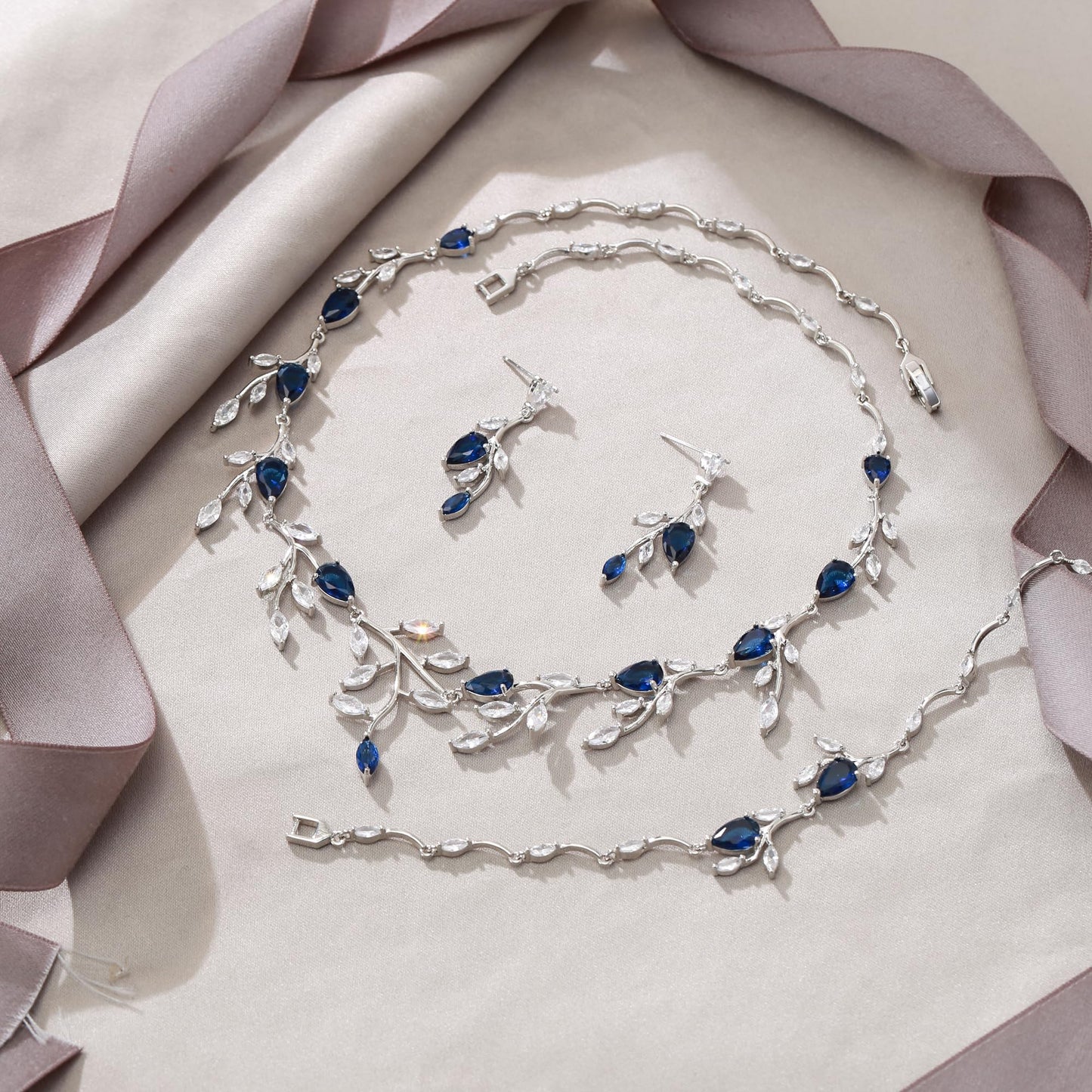 EVER FAITH Teardrop Wedding Bridal Jewelry Set for Brides Sparkly Sapphire Blue CZ Pear-Shaped September Birthstone Necklace Earrings Bracelet Sets for Prom