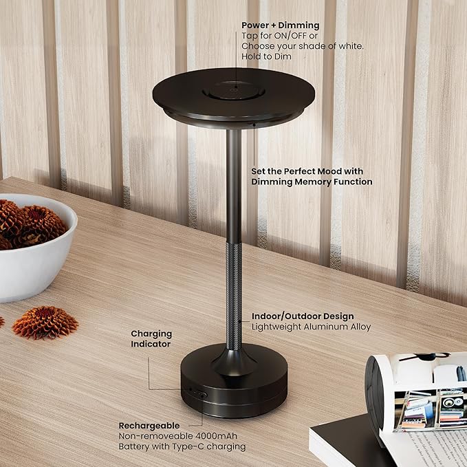 Feit Electric Tabletop Lamp, Touch-Activated, 3-Way Dimmable, 100 Lumens, 3 Watts, Potable & Rechargeable for Indoor/Outdoor Use, 50,000-Hour Lifetime, TABLE/3CCT/BK/BAT/4, 4 Pack