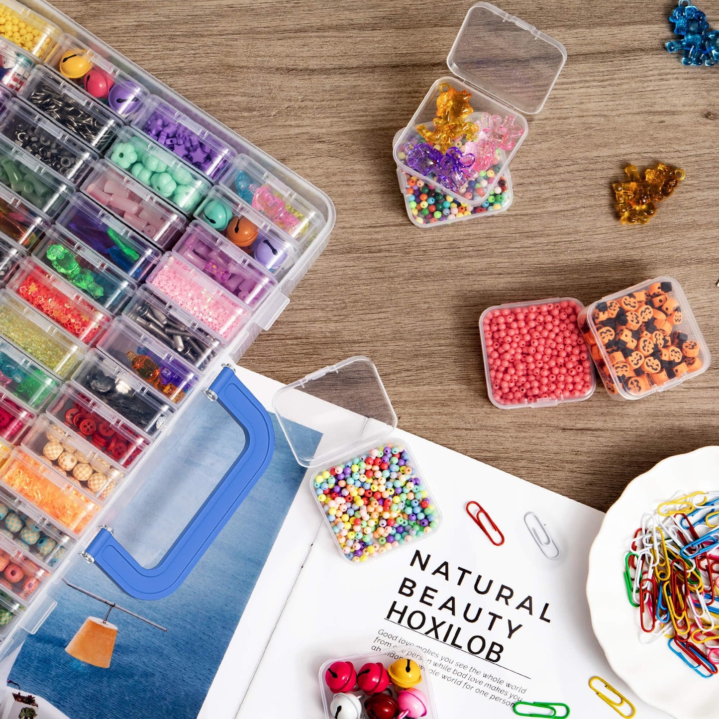 Bead Organizer Box with Handle, 61Pcs Small Bead Storage Boxes with Hinged Lid and Portable Craft Case, Mini Clear Plastic Container for Jewelry Making Supplies Bracelet Screws Seeds Nails Small Parts