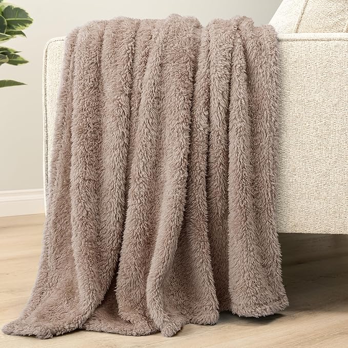 PAVILIA Sherpa Throw Blanket for Couch Sofa, Taupe Tan Fluffy Warm Plush Blanket for Twin Bed, Cozy Super Soft Lightweight Throw, Fuzzy Decorative Blanket, All Season Home, 60x80