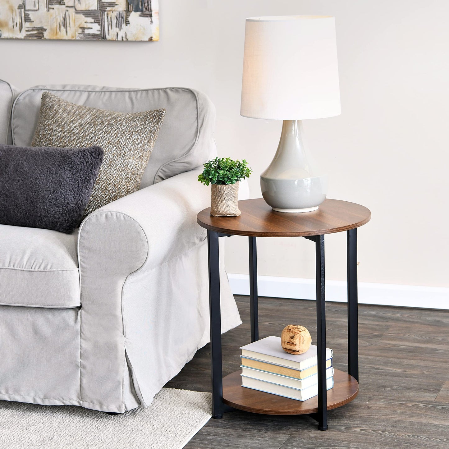 Household Essentials Jamestown Round Side End Table with Storage Shelf Mid Century Walnut Wood Grain and Black Metal