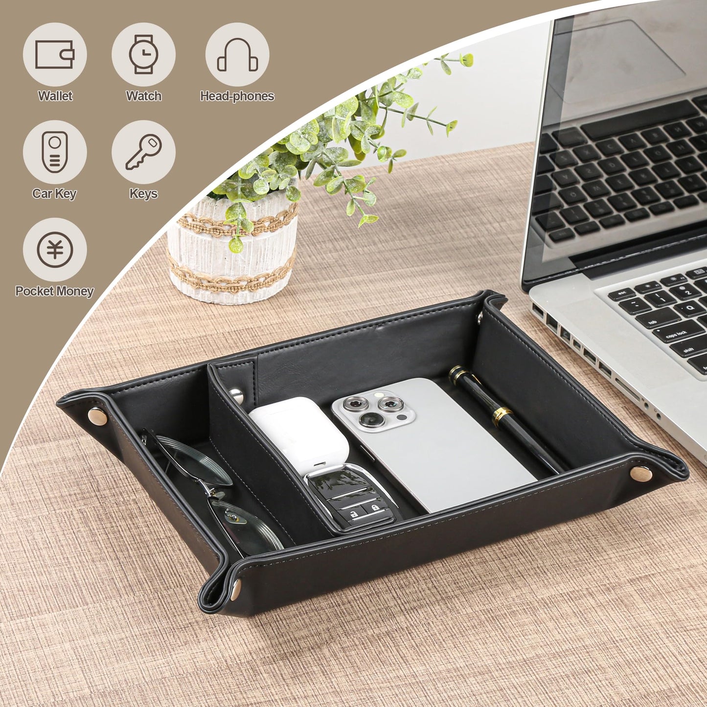 Deluxe Leather Tray Desktop Storage Organizer Watch Remote Control Jewelry Cell Phone Wallet Keychain Desktop Storage for Home, Camping Unique Gift Ideas for Men and Friends