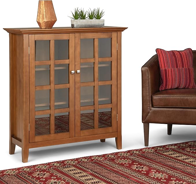 SIMPLIHOME Acadian Storage Cabinet - 39 inch Wide Solid Wood 4-Shelf Display Cabinet in Light Golden Brown, Transitional Cupboard for Living Room or Dining Room with Glass Doors and Adjustable Shelves