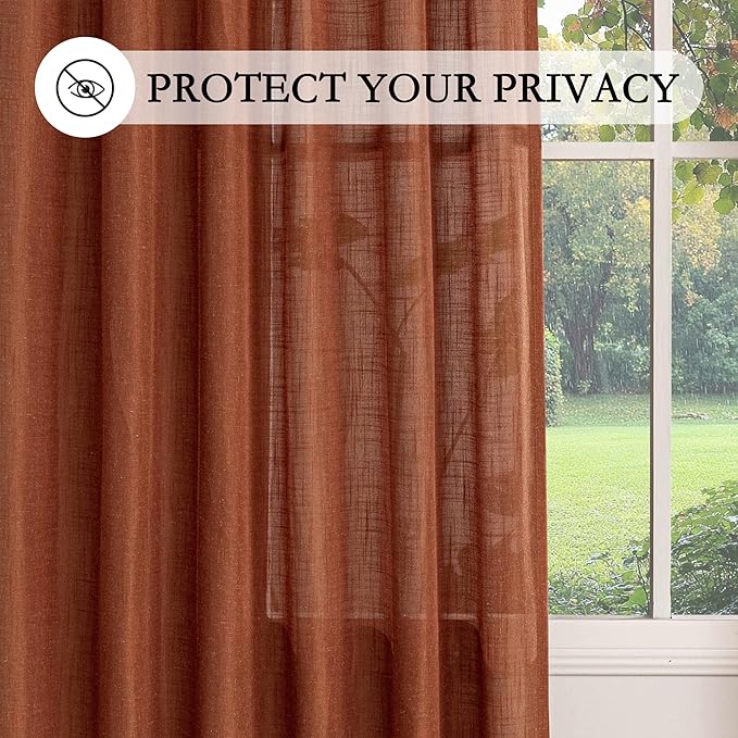 MYSKY HOME Extra Long Curtains for Living Room 96 Inches Light Filtering Semi Sheer Sliding Door Curtains Bedroom Window Drapes Privacy Back Tab Farmhouse Boho Modern, Terracotta, 50" x 96", 2 Panels