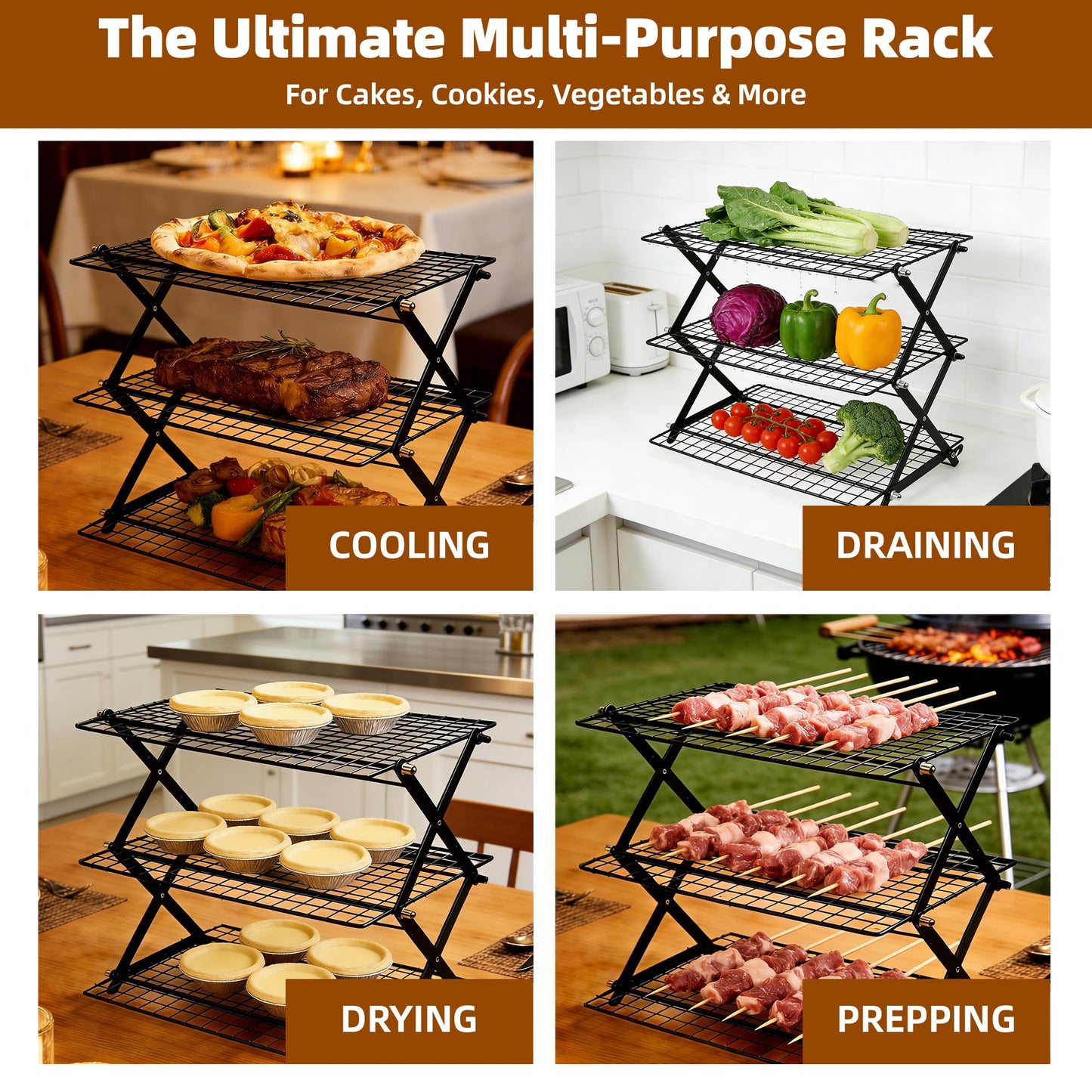 3 Tier Collapsible Cooling Rack with Adjustable 6 Setting Design stackable wire rack for baking sheet for Cookies Baking Gifts for Women (Silver, 3-Tier)