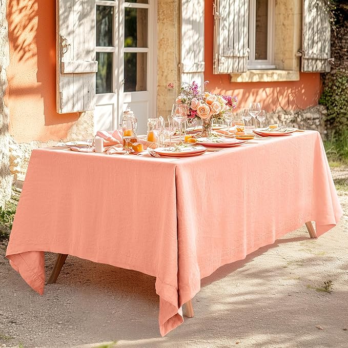 Linen World Linen Tablecloth,100% French Natural Flax Tablecloth 108" x 60" Inch,Washable Rectangular Table Cloth for Dining,Outdoor,Weddings and Restaurants,Decorative Christmas,Peach Pink