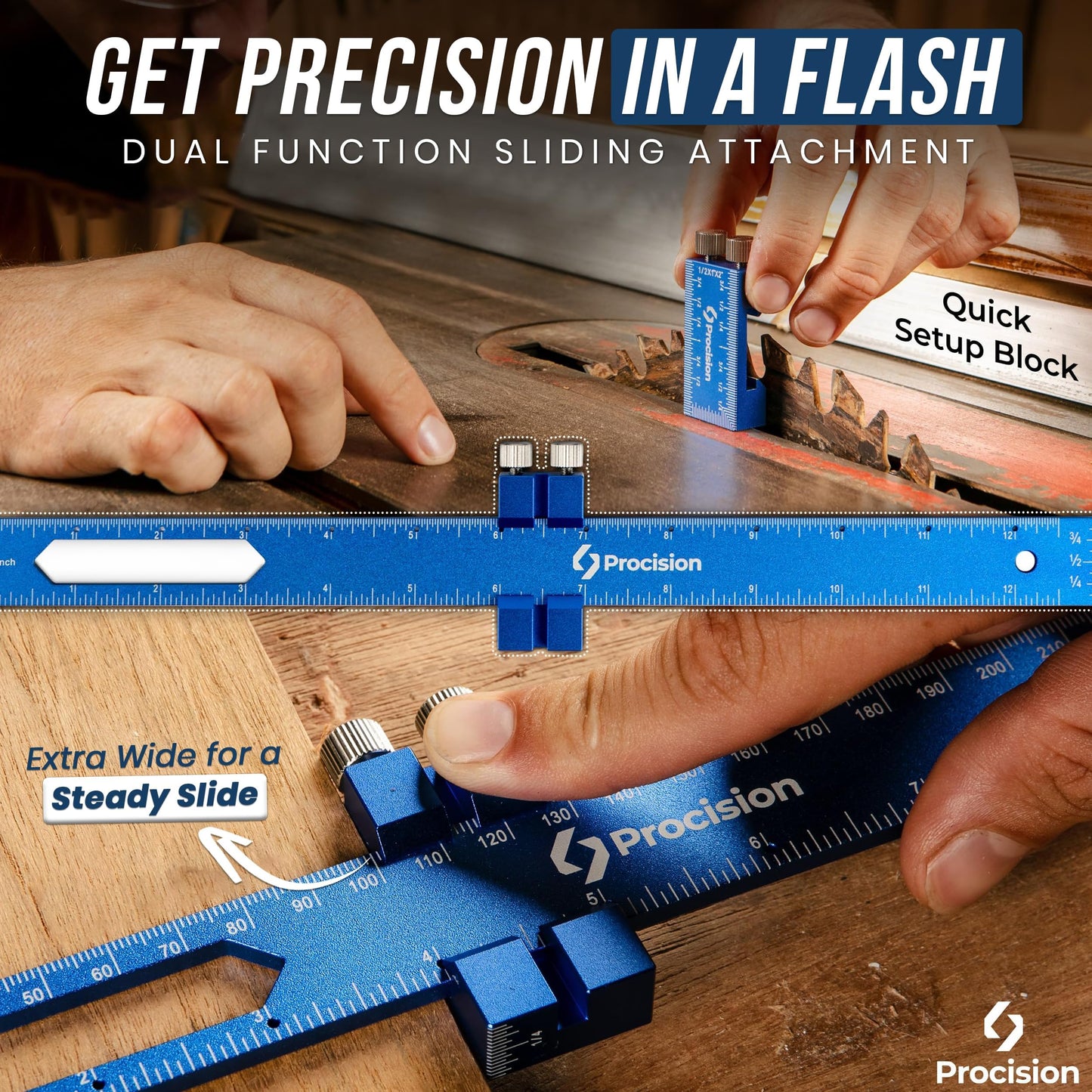 ELEON Precision Woodworking Ruler, Set of 3 (12, 8, 6 Inch) - Precise Woodworking Pocket Tool with Extra Wide 2" Sliding Attachment - Slide T-Square Scribing Kit Plus Mechanical Pencil - Aluminium