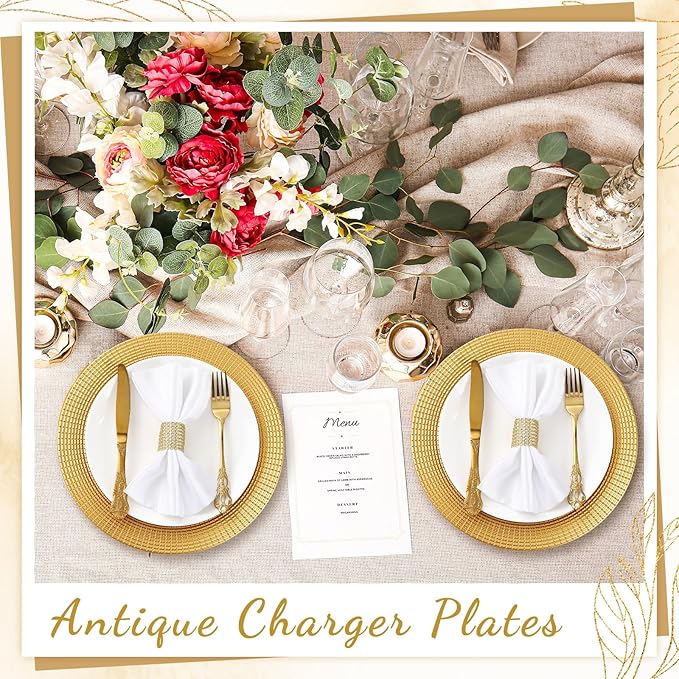 Tanlade 50 Set Bright Gold Charger Plates Bulk with Napkin Rings Plastic 13" Plate Charger Fluted Edge Wedding Decoration for Table Wedding Party Event(Chain)