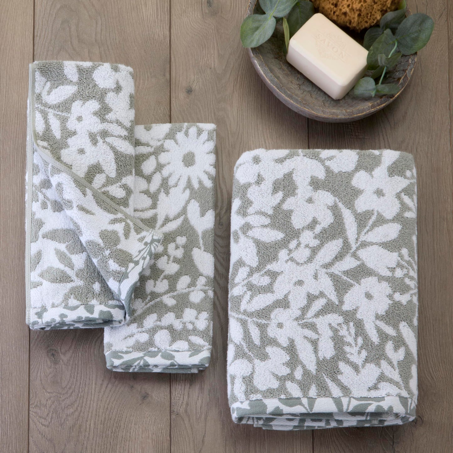 SKL Home Bedford Floral 100% Cotton Premium 2-Piece Hand Towel Set, 600 GSM, Soft & Absorbent, Reversible Jacquard, Decorative for Bath/Kitchen/Bar & Gift, Sage