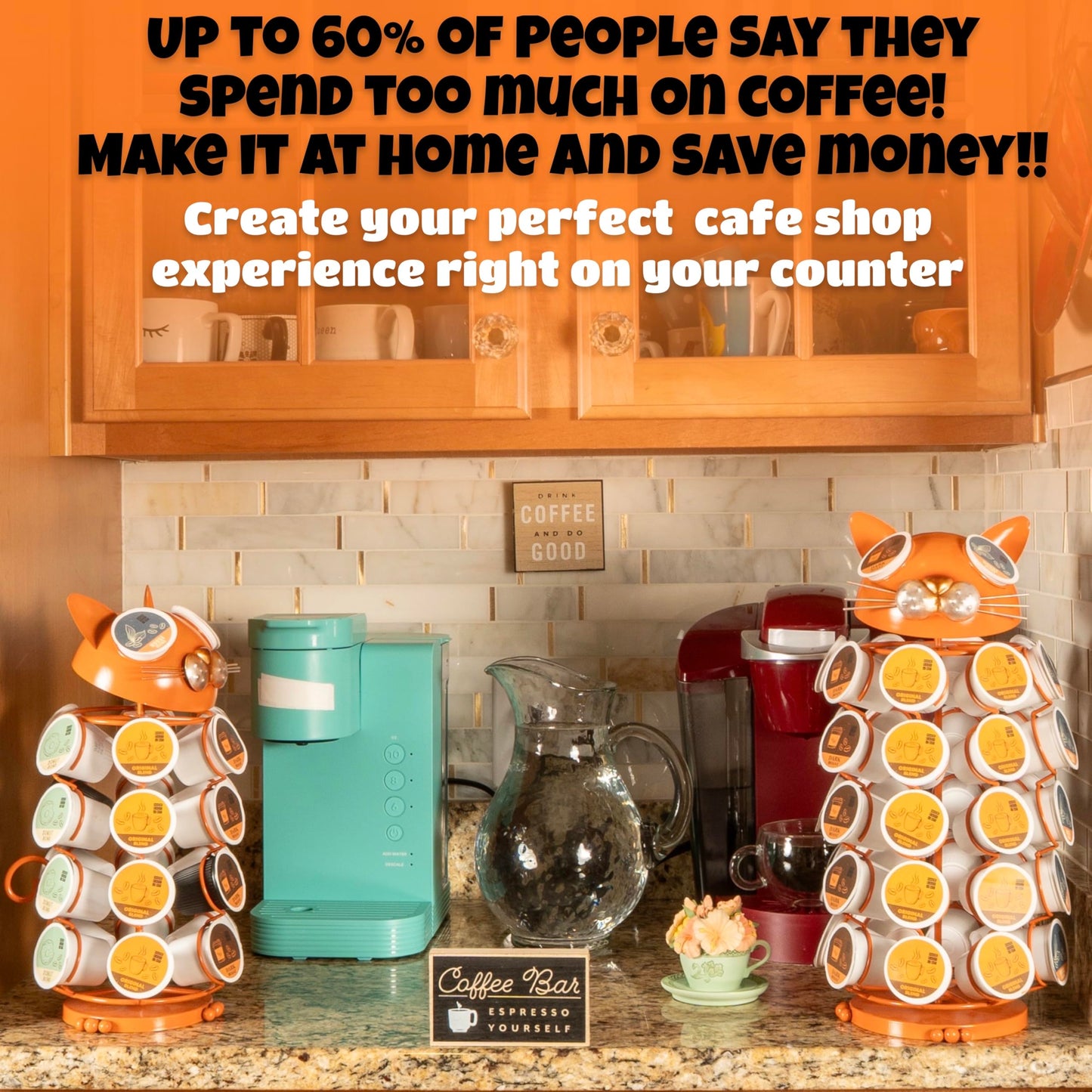 Made Easy Kit Carousel Coffee Pod Holder, Compatible with Keurig K-Pods K-Cups, Countertop Rack Storage Organizer, Metal Home and Kitchen Decor, Capsule Café Station Bar (Large, Orange Cat)