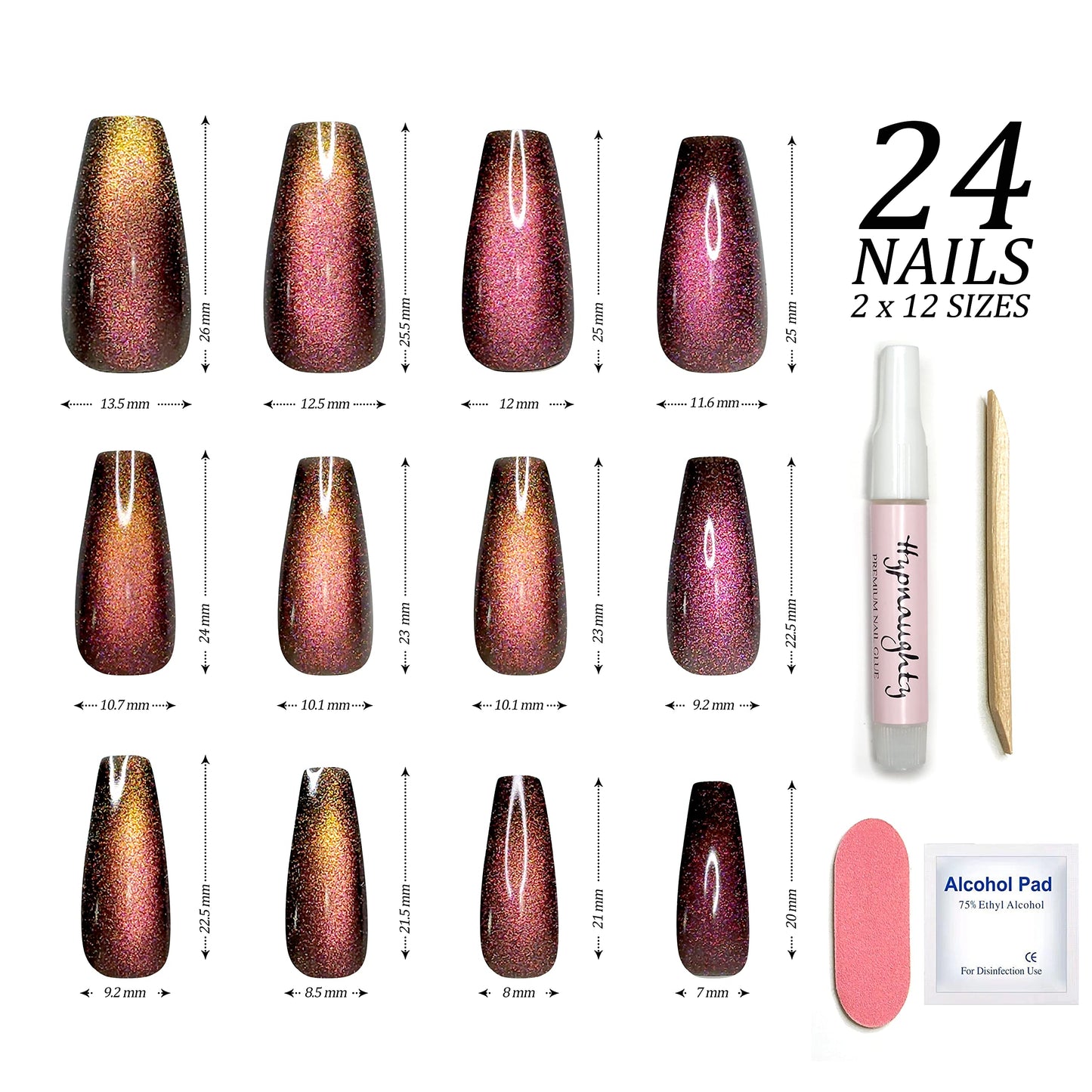 Hypnaughty 24 Pcs Galaxy Cat Eye Effect Magenta Color Changing Glossy And Sparkly Coffin Long Press On Nails With Nail Kit And Glue (Galaxy Cat Eye)