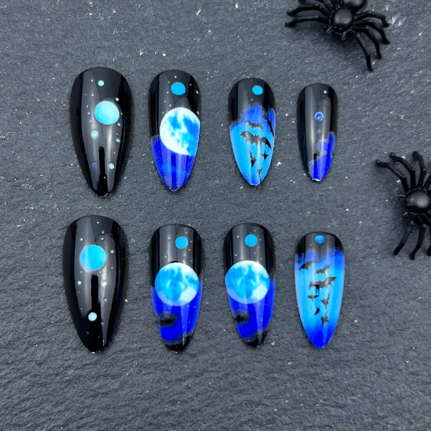 Halloween Black Blue Gradient Press on Nails Almond Fake Nails with Bat Moon Designs Goth False Nails Black Bat Glossy Reusable Glue on Nails for Women Girls Halloween Manicure Decoration 24pcs