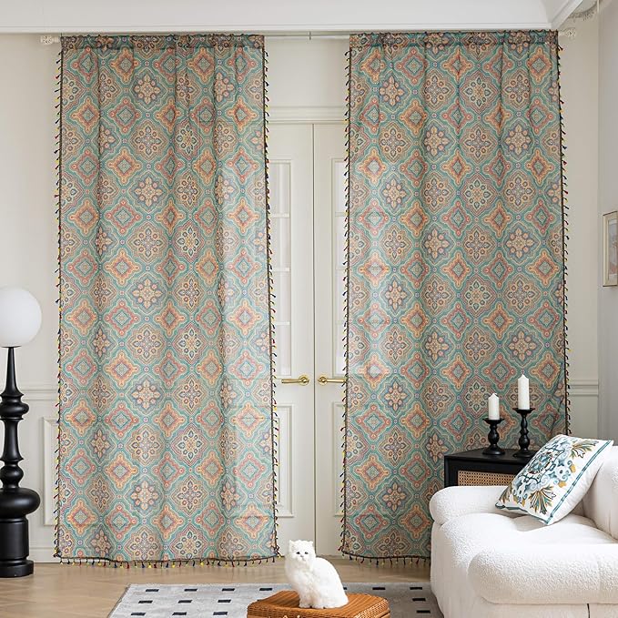 Blue Geometric Sheer Curtains 54 inch Long, Fringed Edges and Textured Semi Sheer Curtains Large Window Treatments for Living Room/Bedroom, 2 Panels
