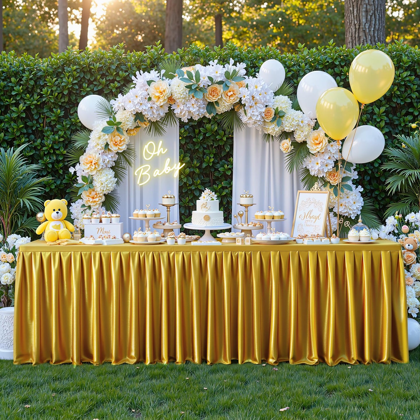 Dark Gold Satin Glitter Tablecloth for Rectangle Tables 6ft,Wrinkle Resistant Ruffles Shimmer Party Table Skirt,Washable 6FT Rectangle Table Cloth Skirt For Birthday,Baby Show,Party,Wedding,Banquet