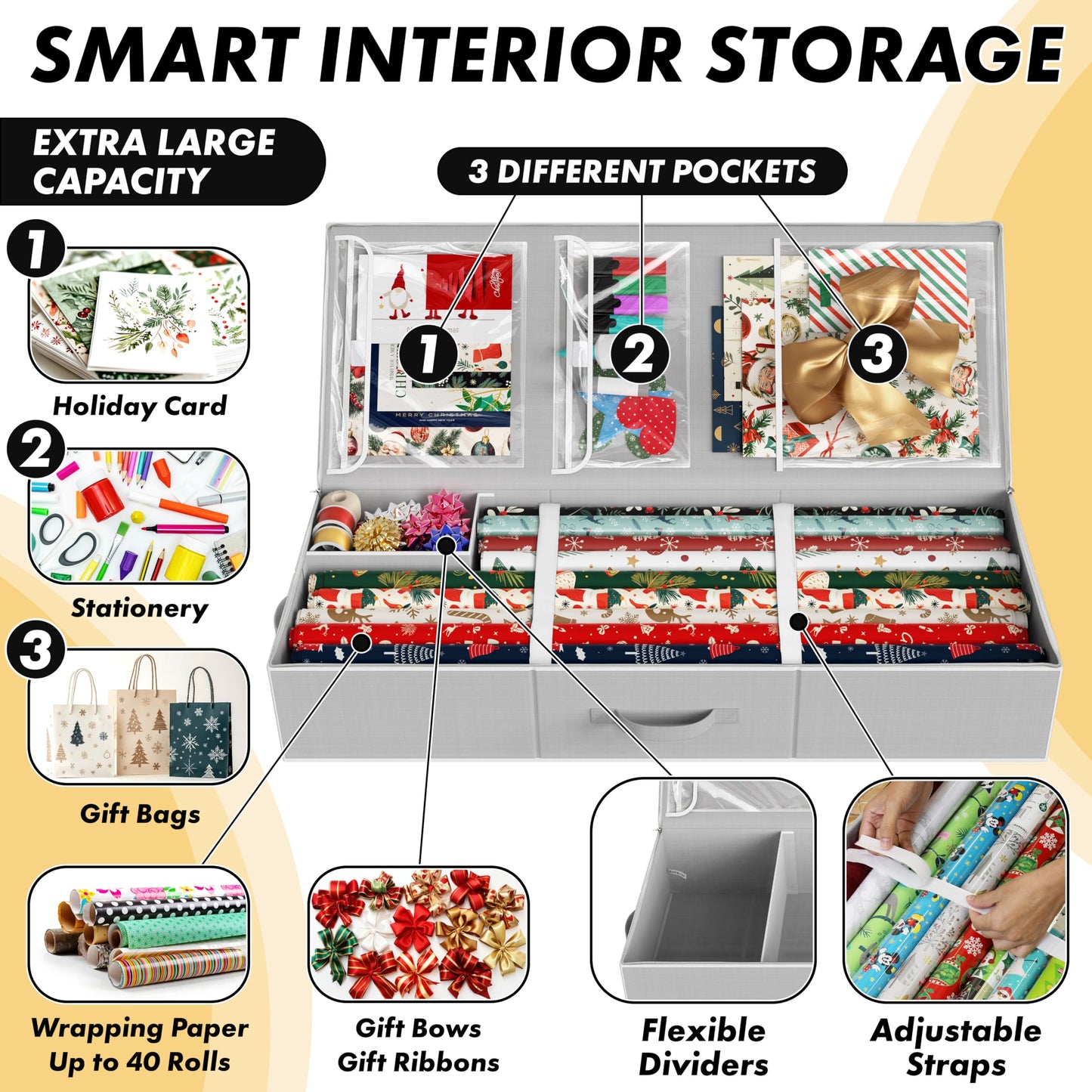 Simple Houseware 41.5" Wrapping Paper Storage Organizer - Fits 40 Rolls with Adjustable Straps, Interior Divider for Ribbons & Bows, 3 Clear Pockets for Gift Bags & Tools, 41.5''L x 16''W, Gray