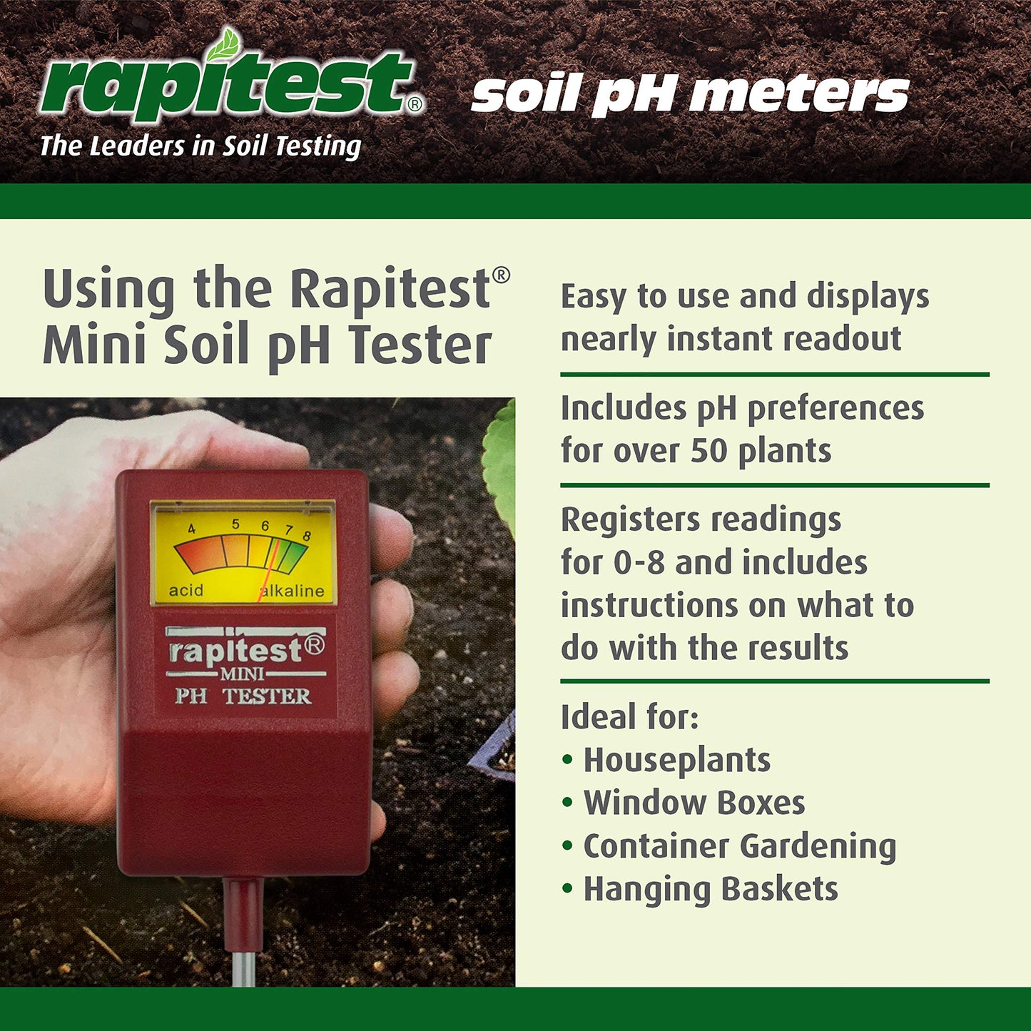 Rapitest Soil pH Tester for testing soil pH quickly and accurately. Test fruits, flowers, vegetables and lawns