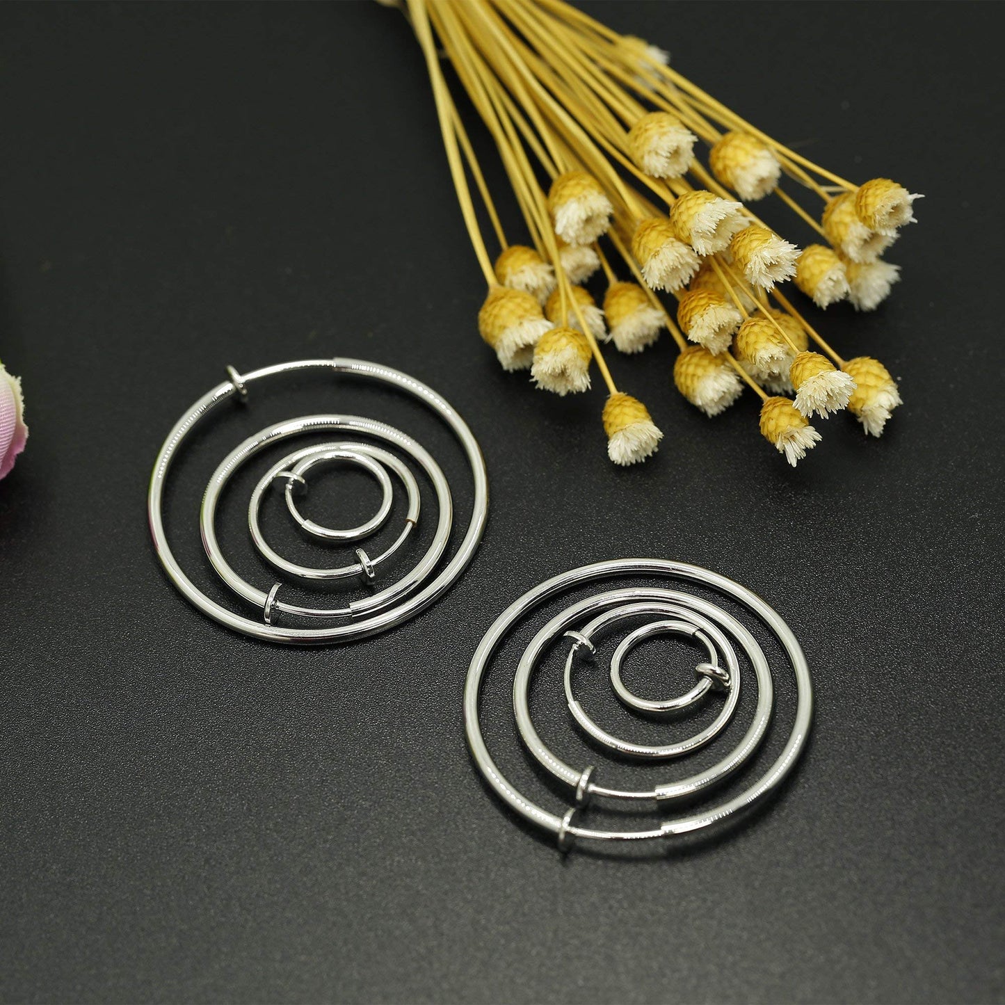Stainless Steel 4 Pairs Set Clip On Hoop Earrings for Women Men Non Pierced Earrings Silver Set