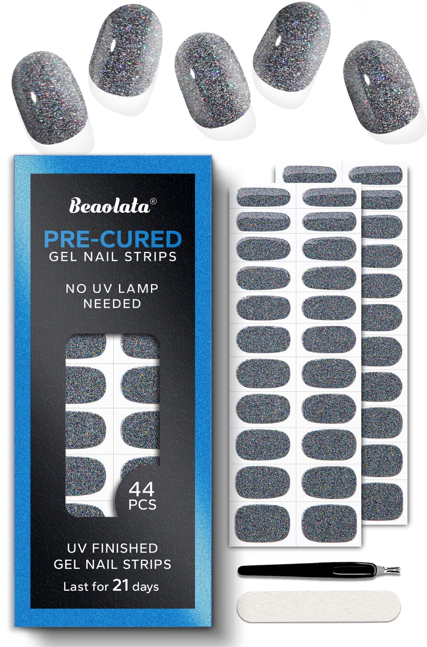 Beaolata Real Gel Nail Strips (No UV Light Needed) - 44Pcs Salon Quality Nail Stickers - Long Lasting Polish Wraps for Women, Easy Apply & Remove (Cool Silver)