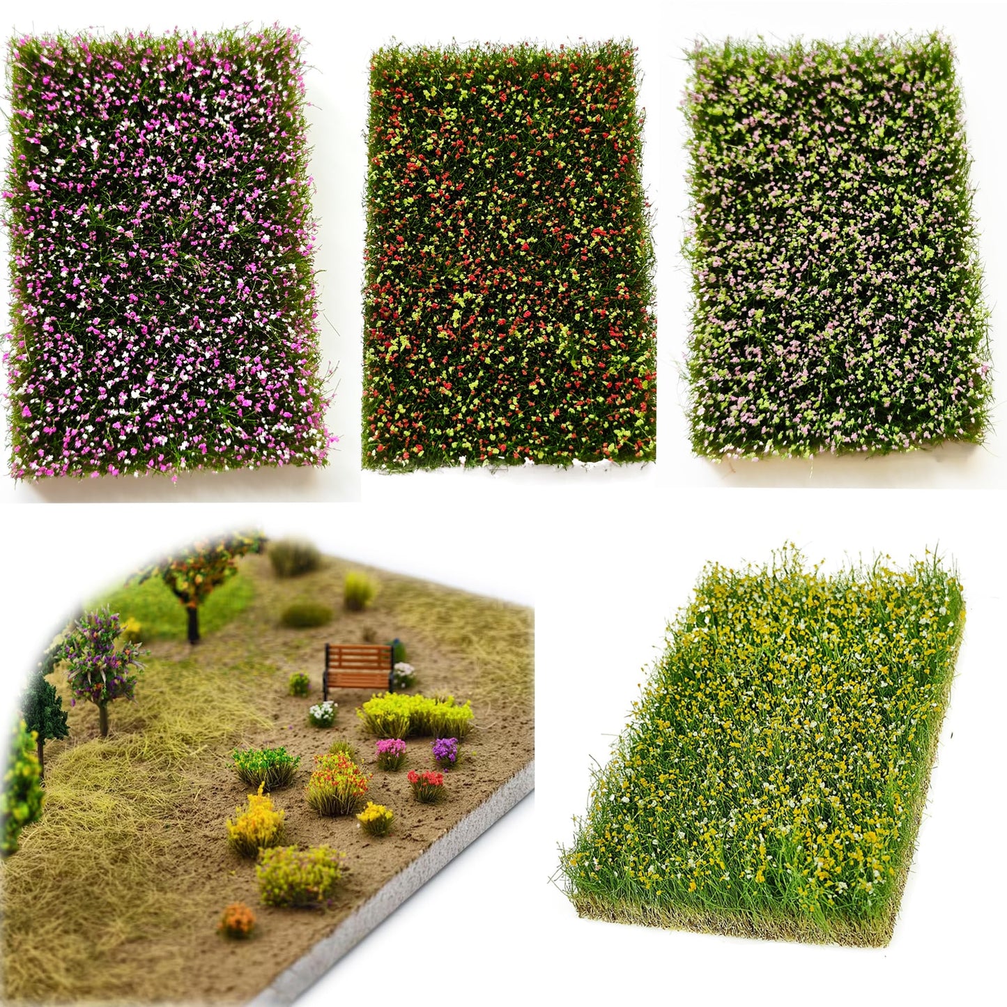 BraneGo Miniature Grass Tufts with Flowers, 4-Color Hand Torn Flower Clusters for Diorama, Model Train Scenery N & HO Scale, Wargaming Bases and Architectural Landscaping