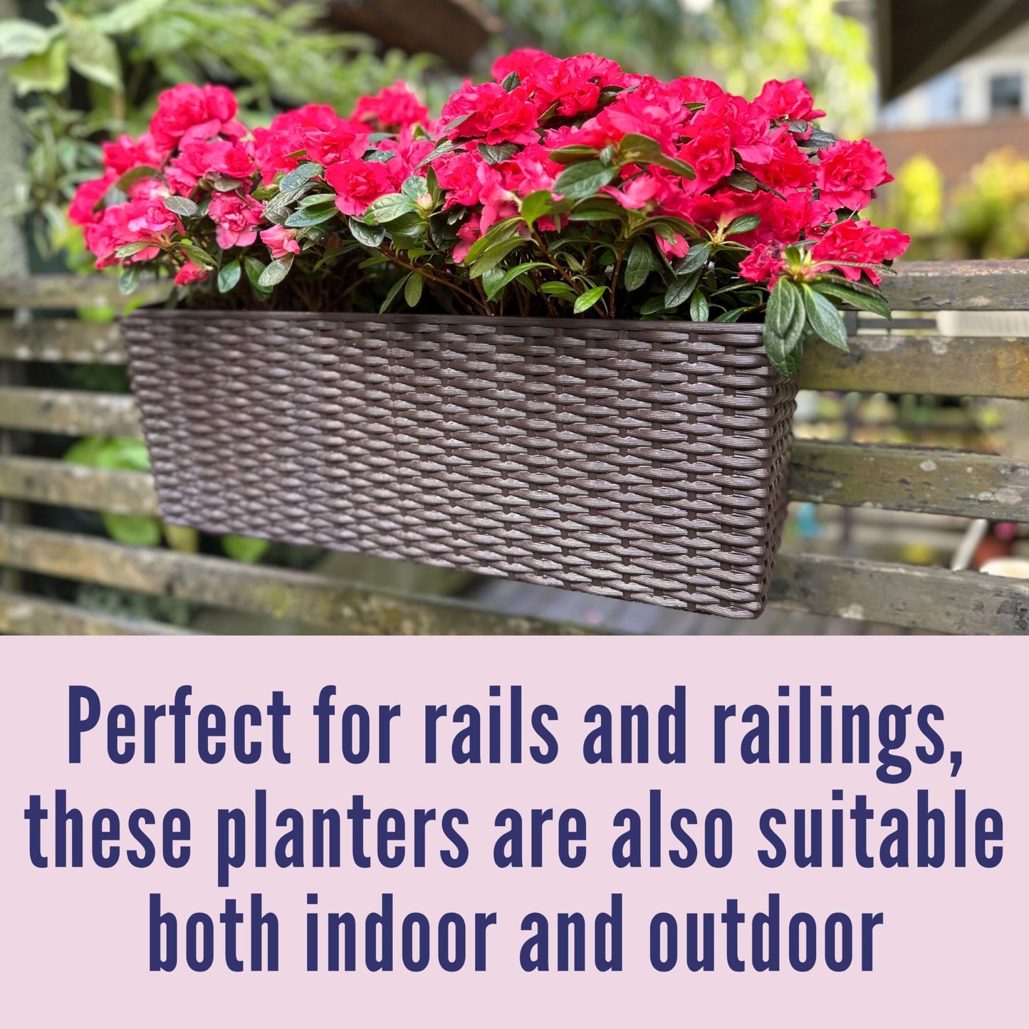 LaLaGreen Outdoor Rail Planter for Balcony (20 Inch, 2 Pack) Large Black Self Watering Railing Planters with Brackets, Rectangular Plastic Window Flower Box Fence Designer Choice with Rattan Pattern