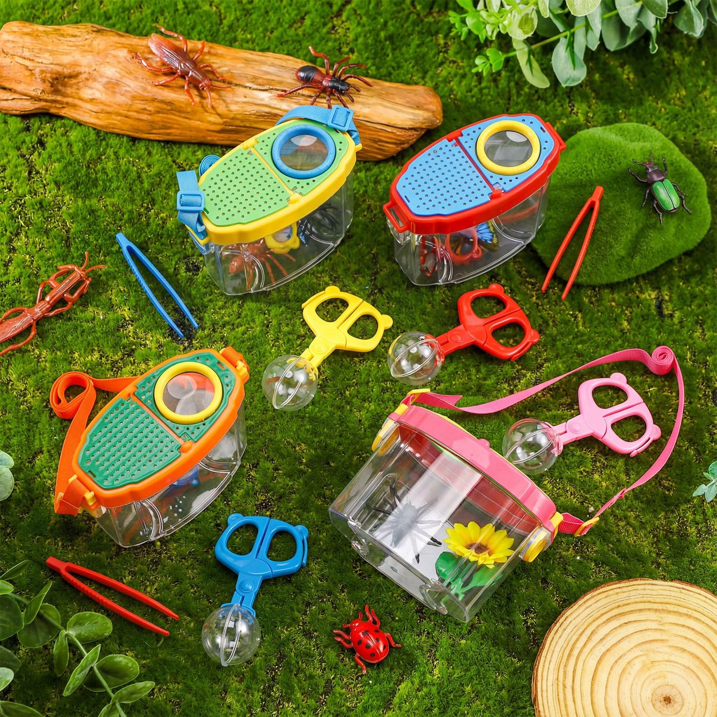 Halloscume 4 Set Bug Catcher for Kids Bug Viewer and Insects Tweezer for Students, Critter Catching Kit Magnifying Insect Cage Container Kit for Kids Outdoor Science Nature Exploration