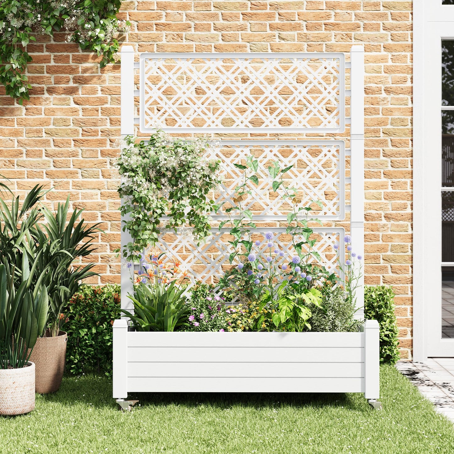 WTFGO Resin Raised Garden Bed with Trellis and Wheels, Planter Box with Trellis Outdoor, Raised Planter with Trellis with Drainage Holes & Water Monitor for Climbing Plants, Ashen(61.2" H)