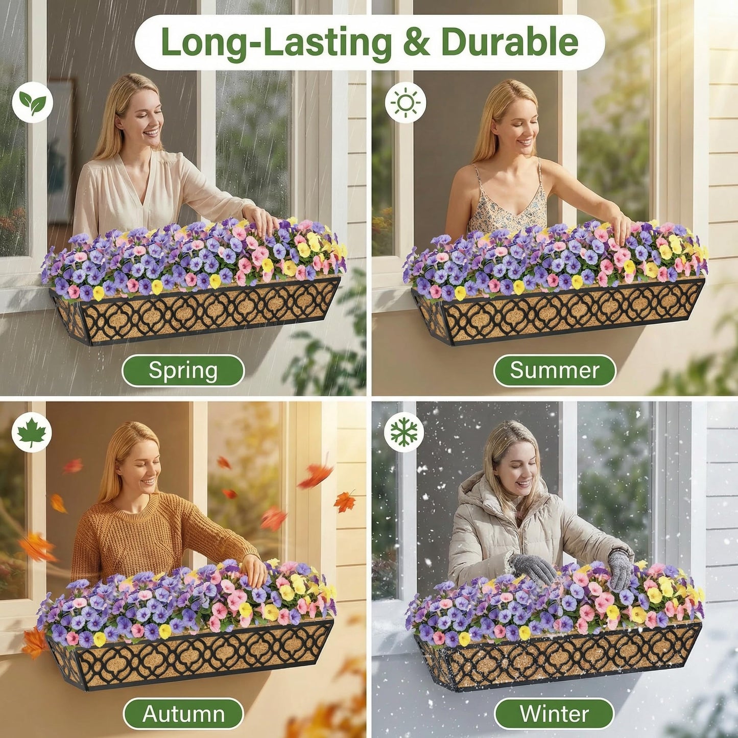 Y&M 36 Inch Window Deck Planter with Coco Liner, Metal Hanging Flower Boxes for Fence, Railing, Balcony, and Outdoor Garden Lawn – 4pcs