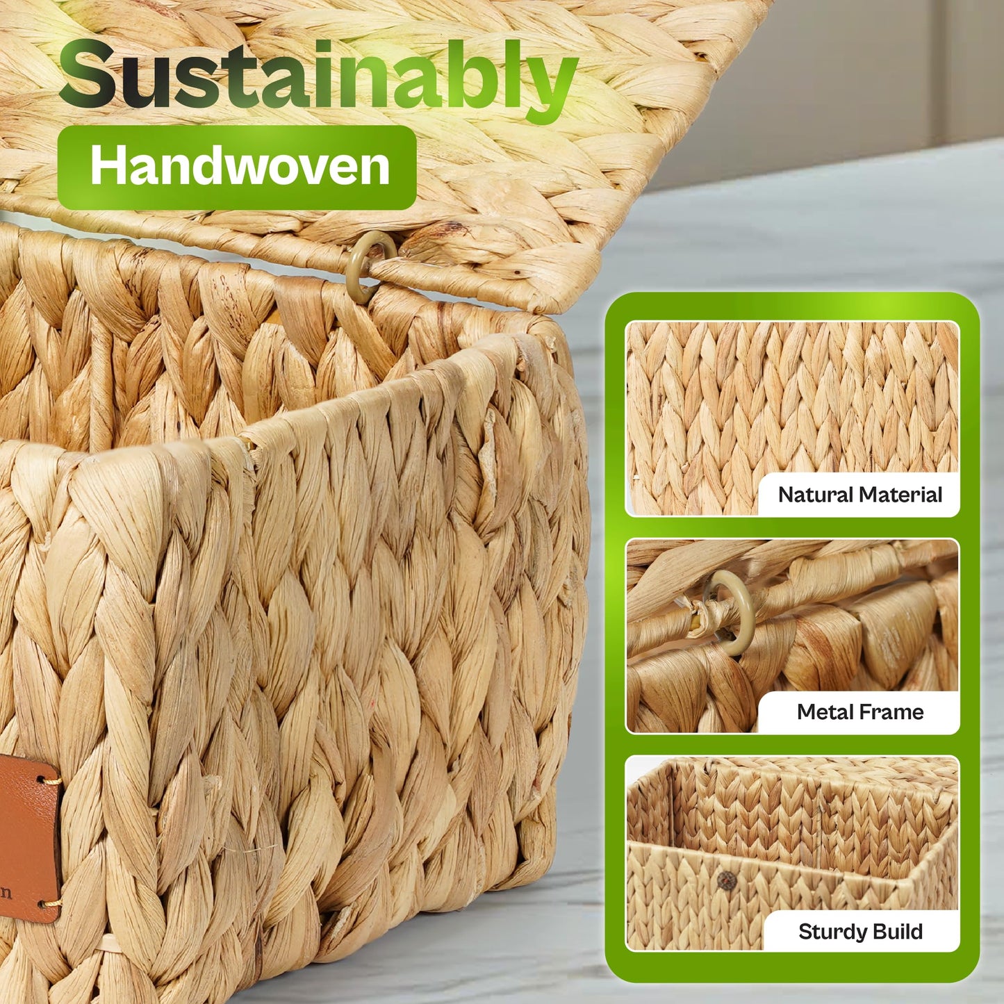 DaviGreen Storage Baskets with Lids, Set of 3 Wicker Storage Baskets for Storage, Water Hyacinth Basket with Lid, Rectangular Woven Storage Baskets for Shelves, Closet, Bedroom & Home Organization