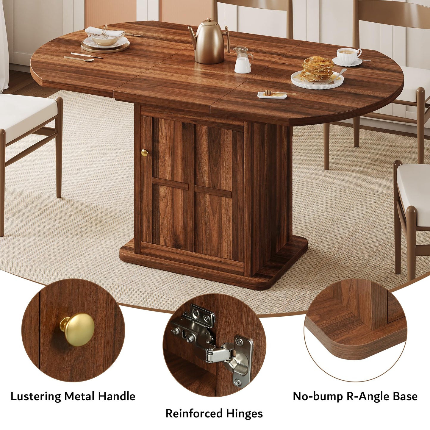 iPormis Round Dining Table for 4-6, 59'' Extendable Dining Room Kitchen Table with 2-Tier Storage Shelf, Wood Dinner Table with Door, Sturdy Pedestal Base, Space Saving, Kitchen, Dining, Walnut