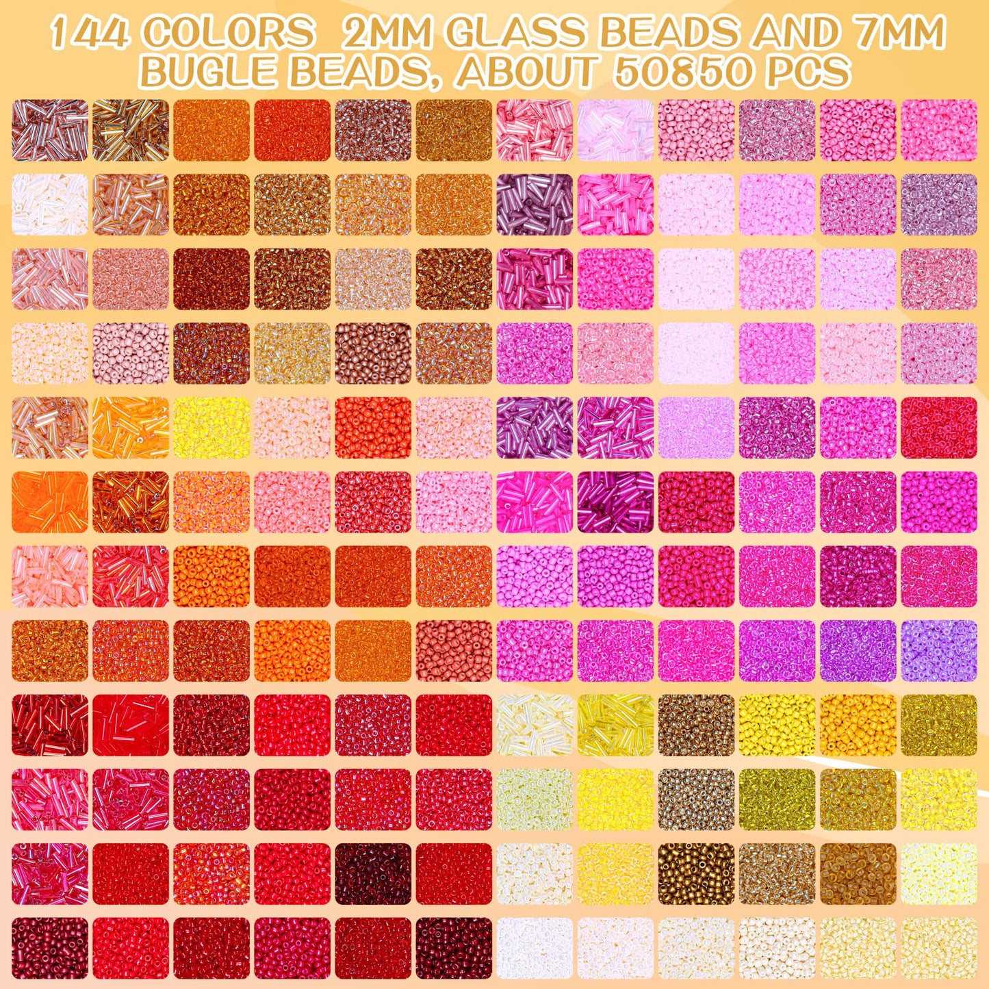 50850pcs 144 Colors 2mm Seed Beads Kit for Jewelry Making,6 Boxes Mini Glass Embroidery Beads with 7x2mm Tube Bugle Bead for DIY Bracelets, Necklaces, and Crafts