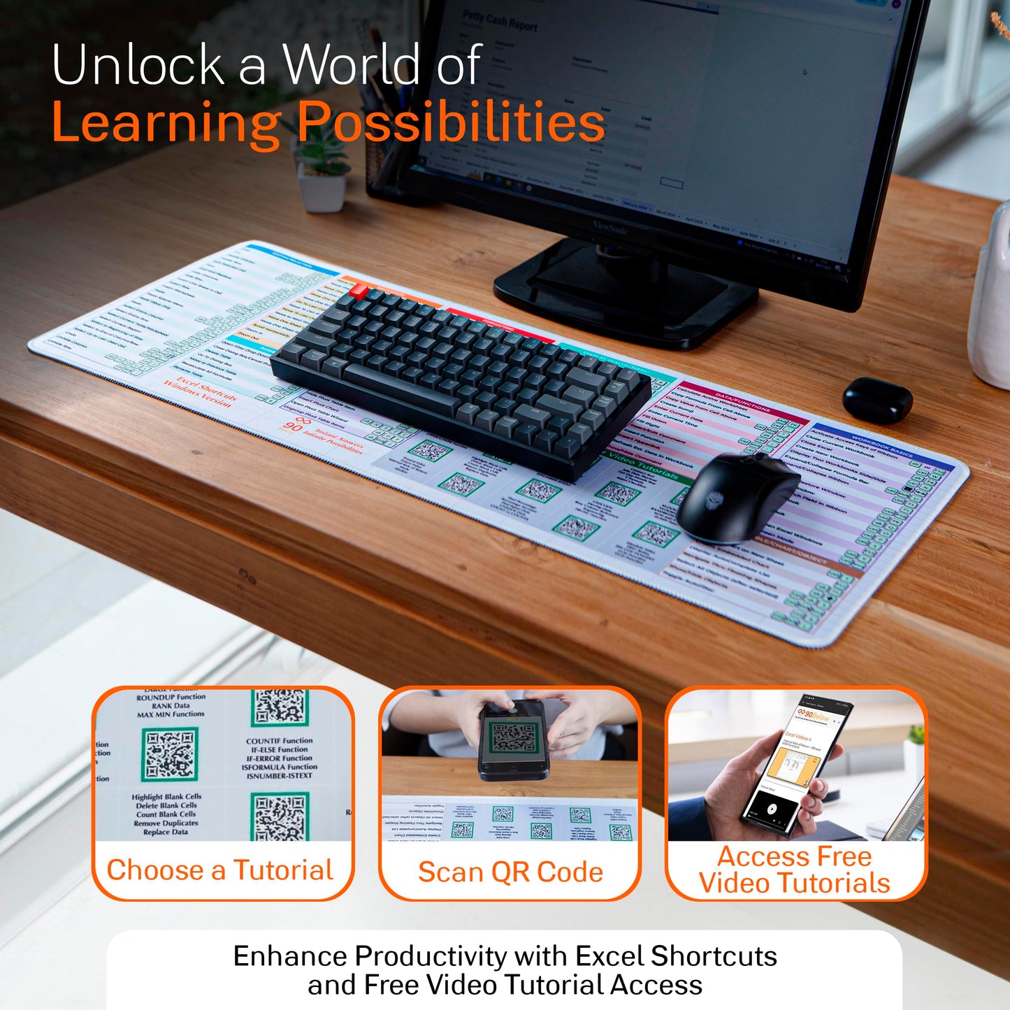 Excel Cheat Sheet Desk Pad - DeskGuide Pro Mouse Pad with 100+ QR Video Tutorials - Excel Shortcuts & Formulas - Large 31.5" x 11.8" Keyboard Mat for Office Desk Accessories