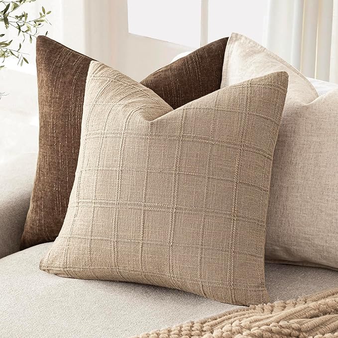 Foindtower Set of 2 Decorative Linen Check Throw Pillow Covers Neutral Farmhouse Vintage Cushion Covers Modern Coastal Boho Home Decor for Sofa Chair Couch Bedroom Living Room,16×16 Inch,Camel