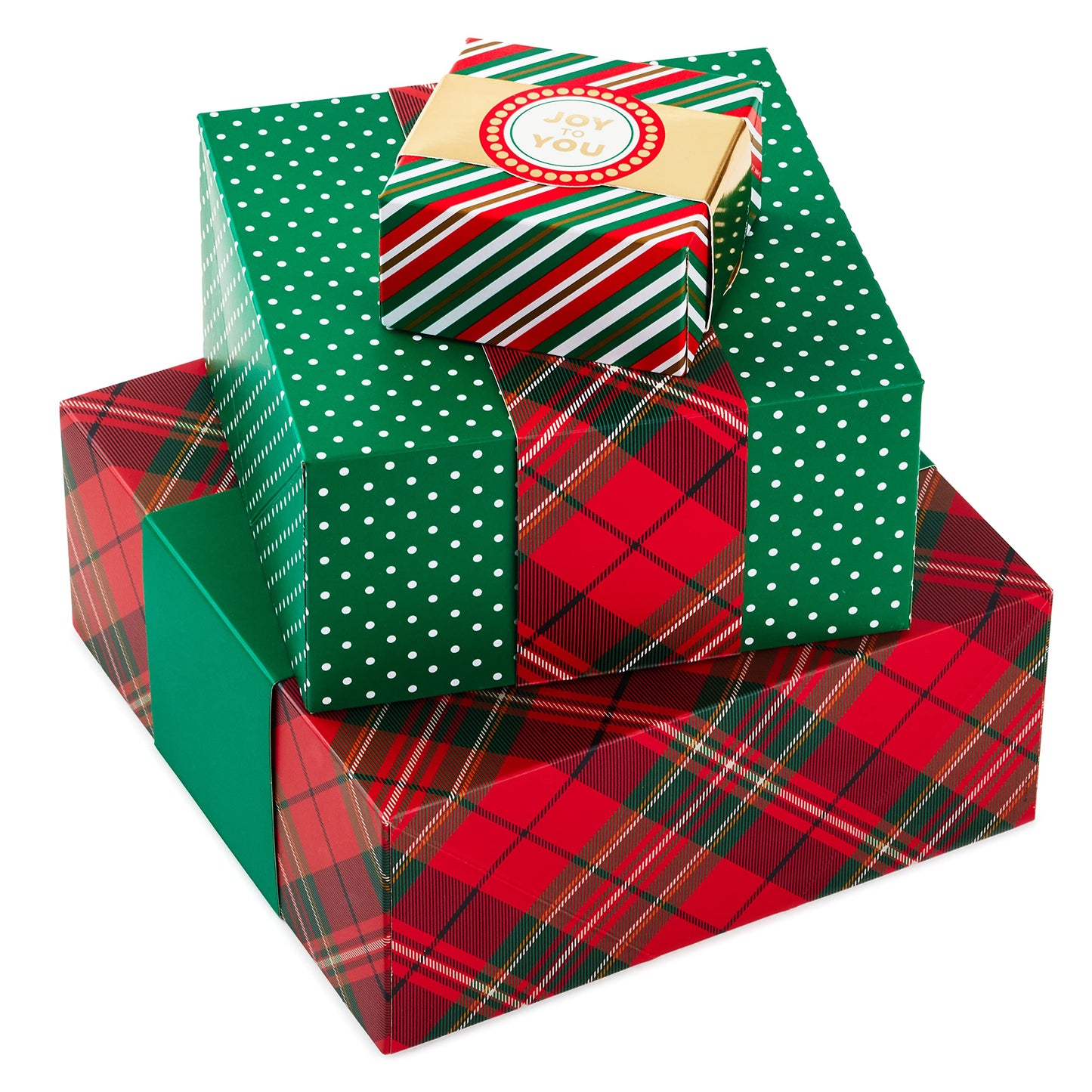 Hallmark Christmas Gift Boxes 3-Pack Assorted Sizes (Red & Green Stripes, Plaid, Polka Dots) for Hostess Gifts, Holiday Parties, Wrapped Treats