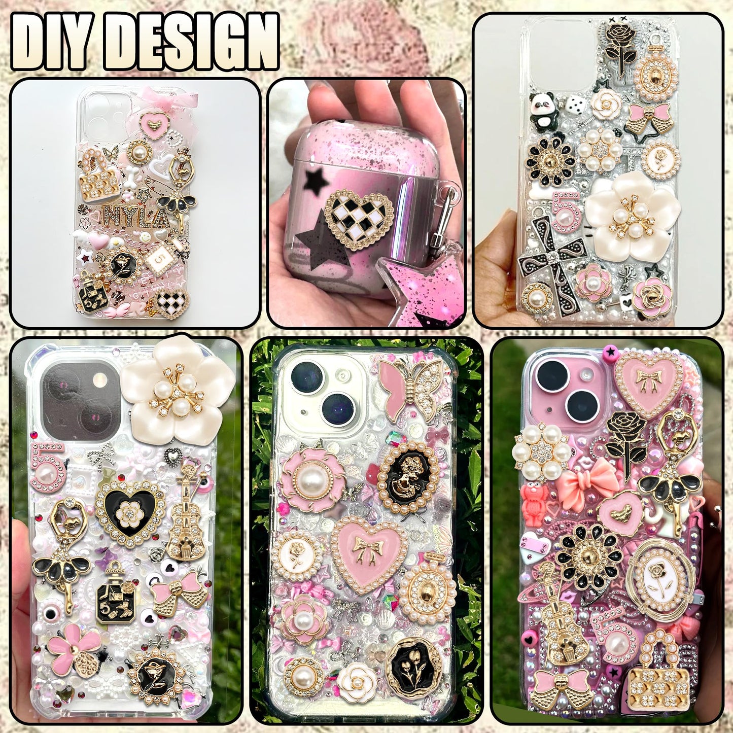 BELICEY Junk Case Charms Kit Gold Pink Flower Big Charm for Junk Cases 3D Vintage Bow Heart Rose Phone Case Charms Flatback Butterfly for DIY Personalization