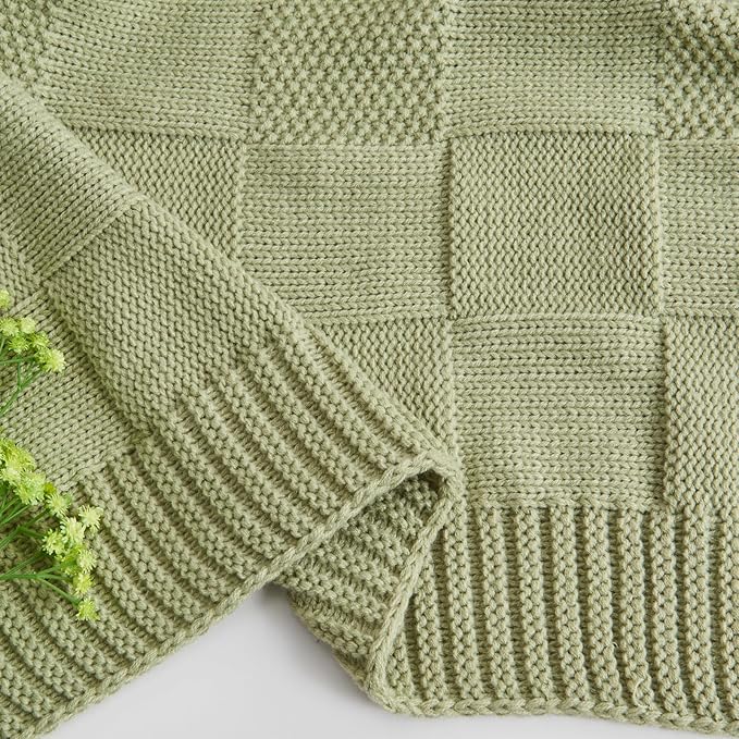CozeCube Check Knit Throw Blanket, Sage Green Checkered Throw for Couch, Decorative Christmas Soft Cozy Warm Knitted Blanket for Bed Sofa Living Room, 50"X60"