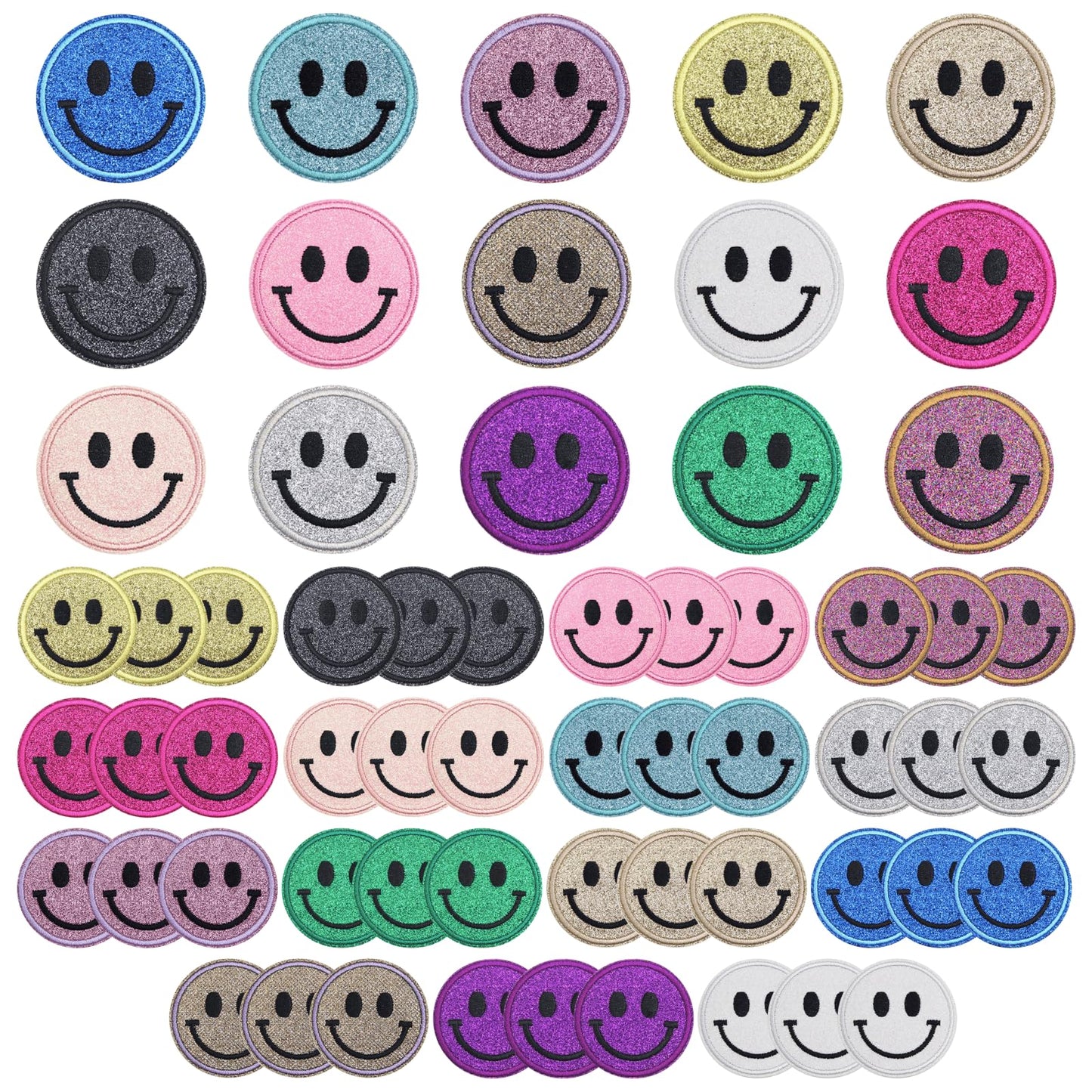 Zakrafo 60PCS Smiley Iron on Patches Sequin Round Chenille Cute Smiley Face Patches for Diverse Range of Fabric Clothes DIY Projects