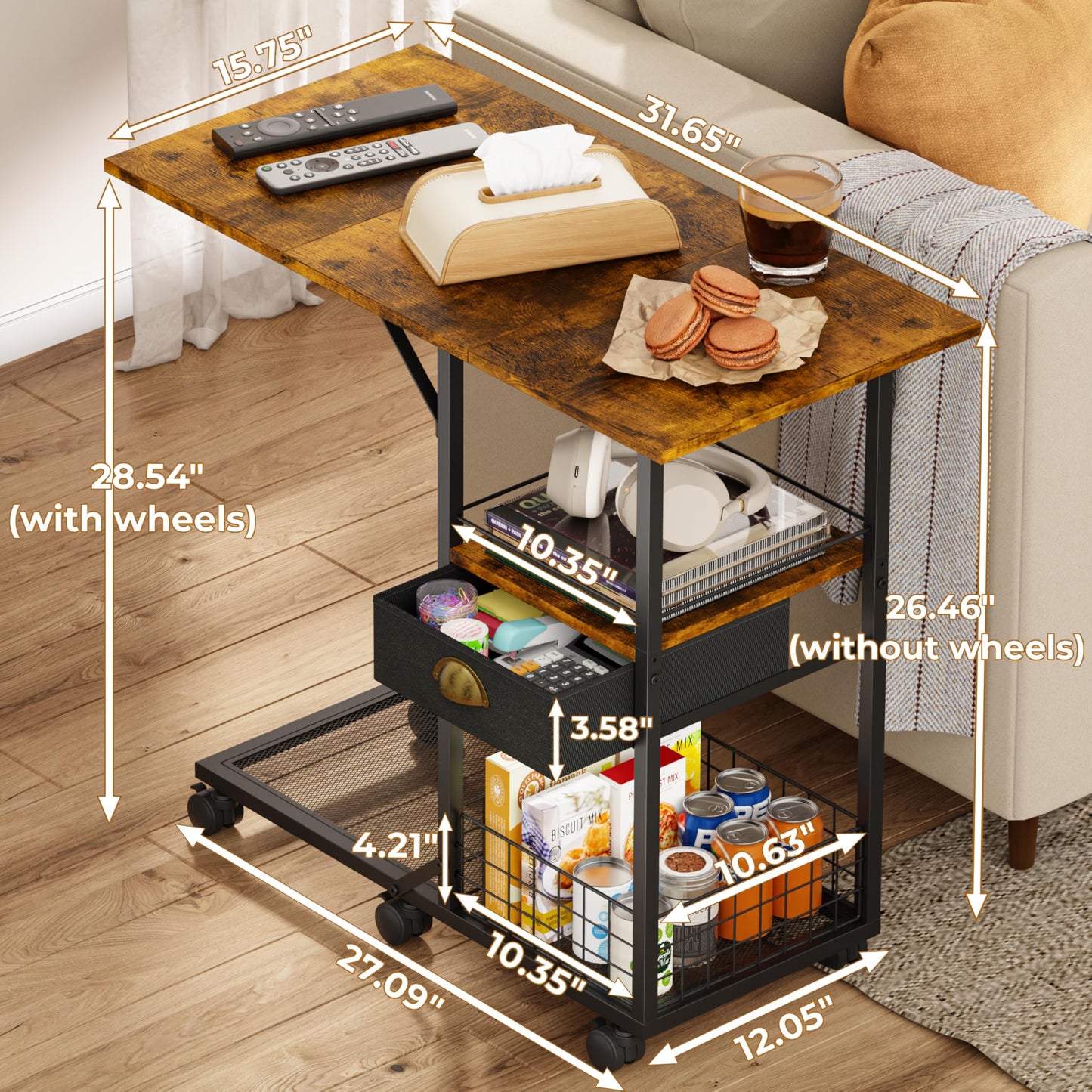Rolling Coffee Table with Oversized Double-Wide Wood Top, Mobile Tv Tray with Storage Drawer and Wheels for Sofa, Portable Side Table for Living Room, Home Office, Spacious Desk for Working Studying